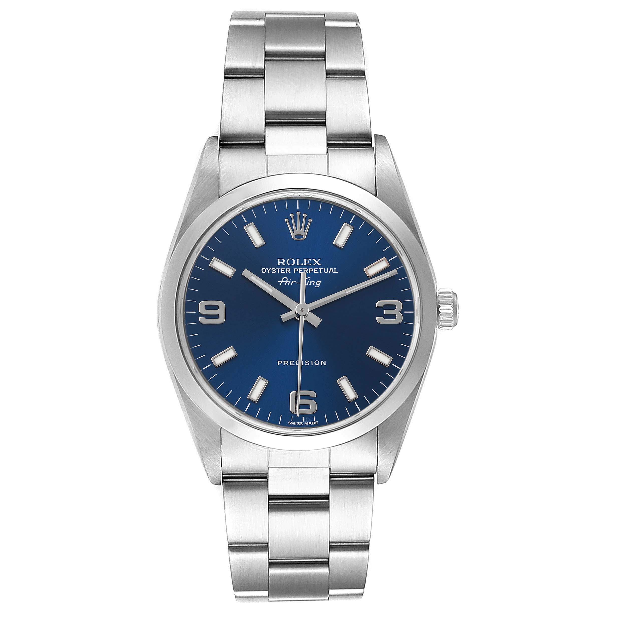This image shows a frontal view of the Rolex Air-King 14000 Men's Stainless Steel Blue Dial 14000 Men's Stainless Steel Blue Dial watch, highlighting its blue dial and stainless steel bracelet.