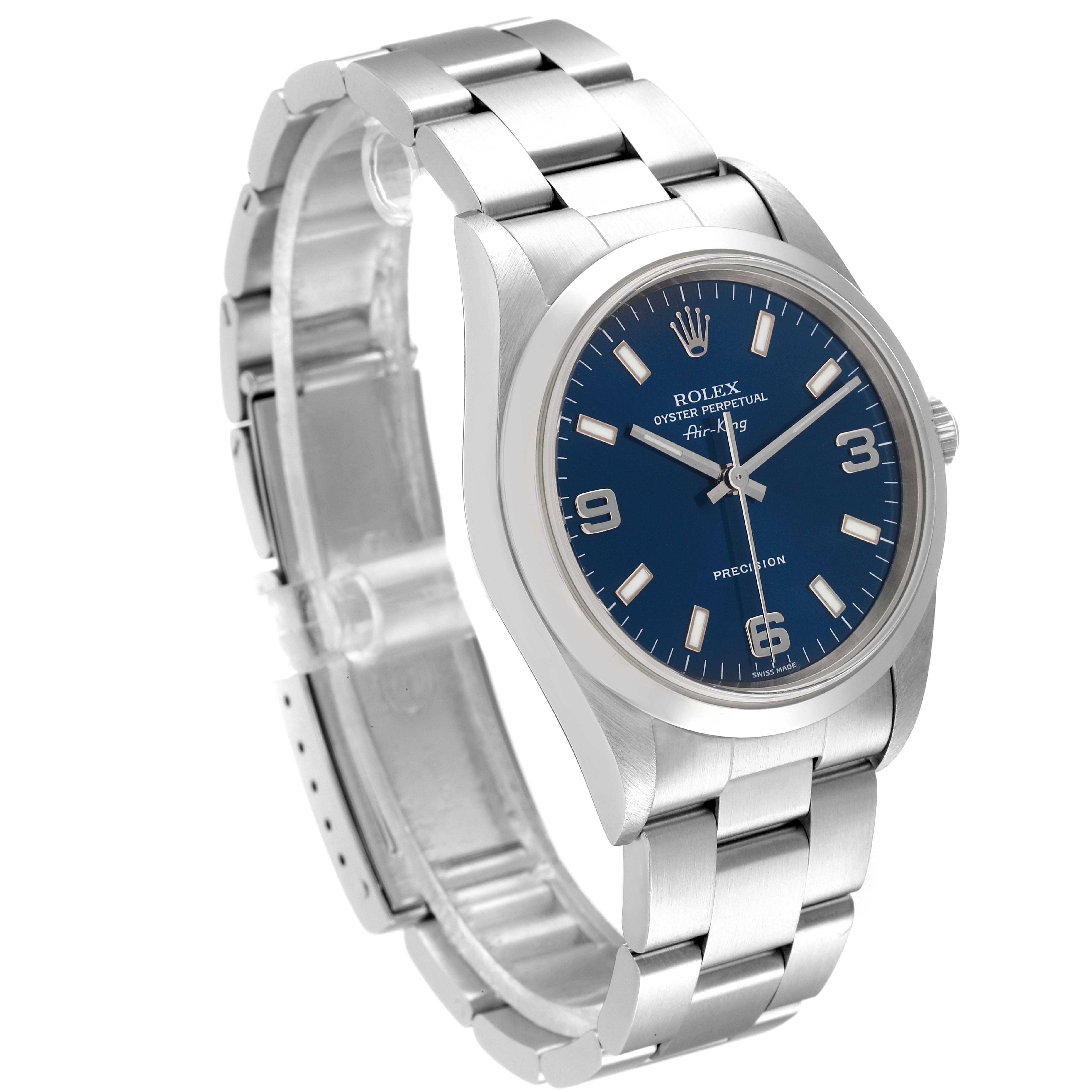 The image shows the Rolex Air-King 14000 Men's Stainless Steel Blue Dial 14000 Men's Stainless Steel Blue Dial watch from a 3/4 angle, highlighting its face, case, crown, and metal bracelet.