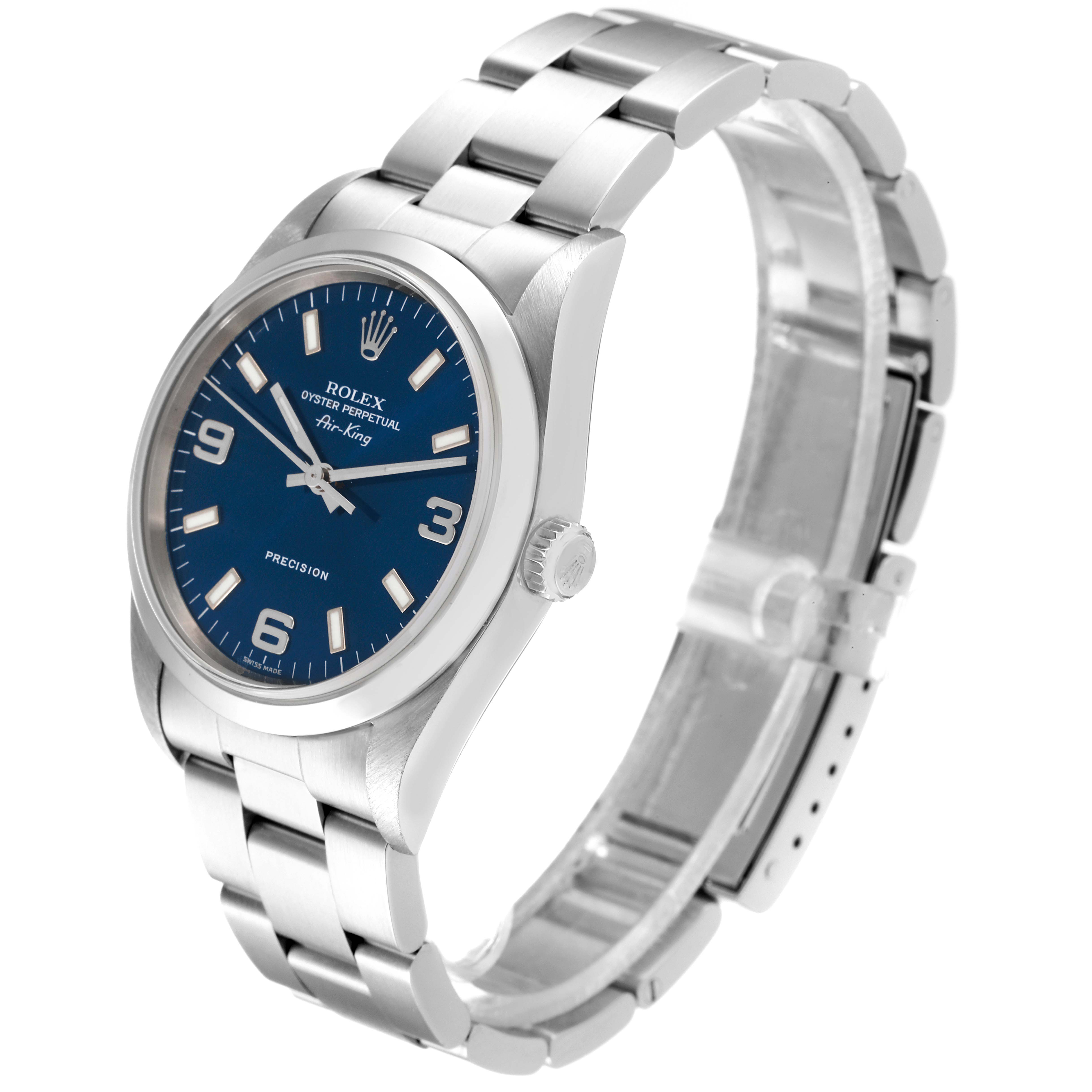 The Rolex Air-King 14000 Men's Stainless Steel Blue Dial 14000 Men's Stainless Steel Blue Dial watch is shown at an angled side view, highlighting the face, case, crown, and bracelet.