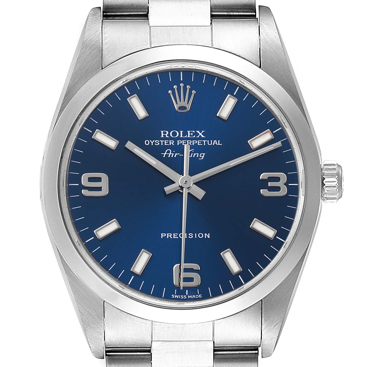 This image shows a frontal close-up view of the dial and bezel of a Rolex Air-King 14000 Men's Stainless Steel Blue Dial 14000 Men's Stainless Steel Blue Dial watch.