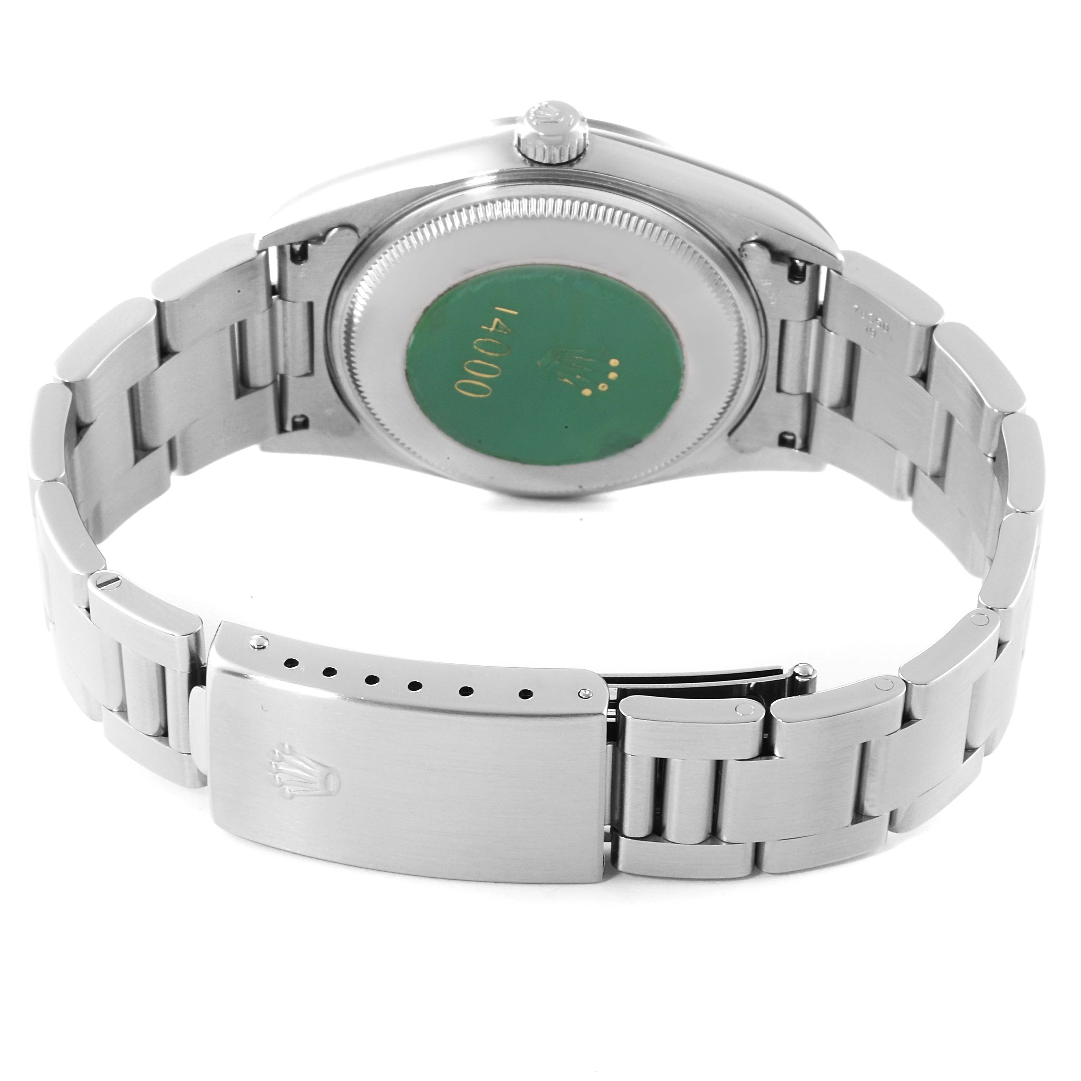 The image shows the back side of the Rolex Air-King 14000 Men's Stainless Steel Blue Dial 14000 Men's Stainless Steel Blue Dial watch, displaying its closed clasp and caseback.