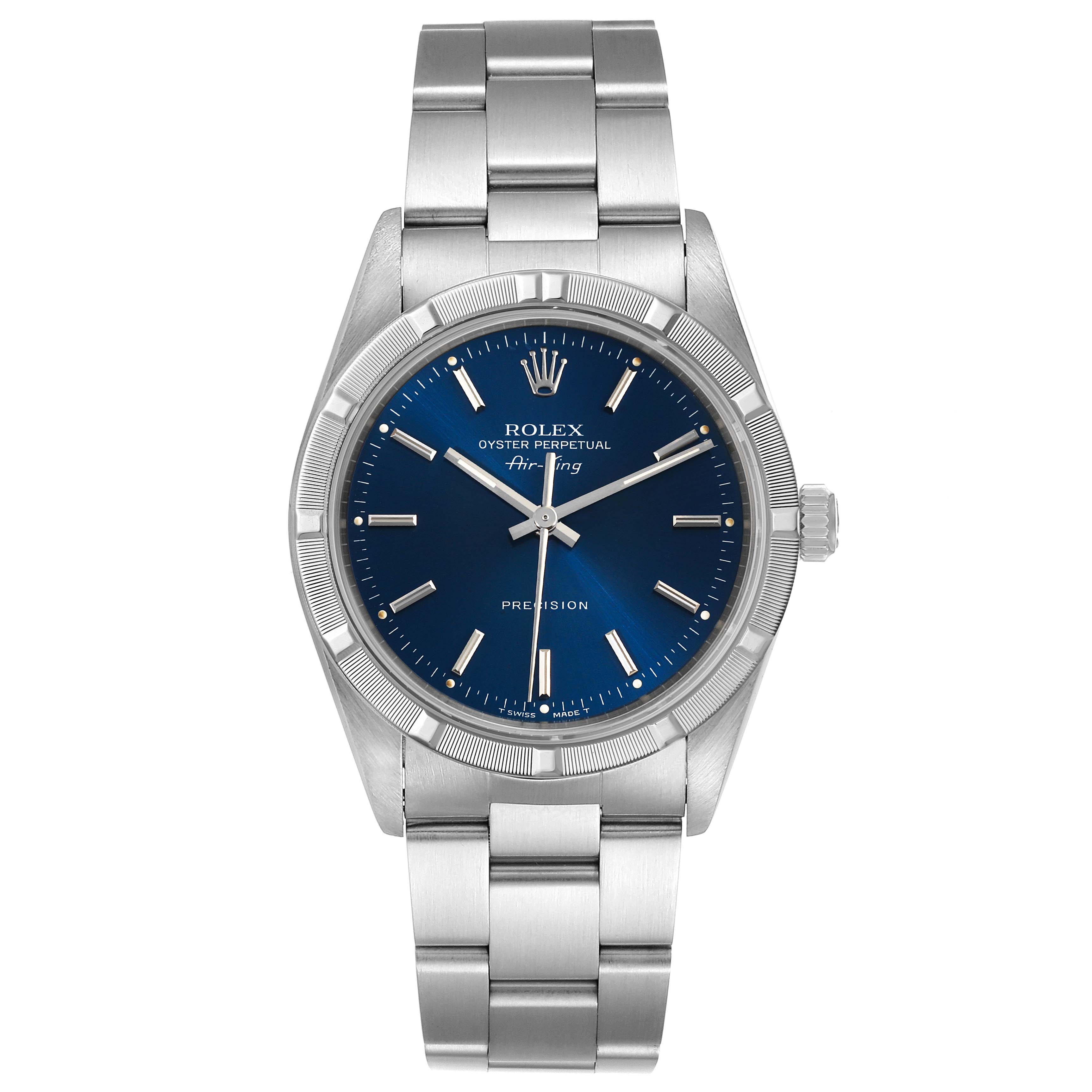 This image shows a front view of a Rolex Air-King 14010 Men's Stainless Steel Blue Dial 14010 Men's Stainless Steel Blue Dial watch, highlighting its blue dial, stainless steel bracelet, and crown.