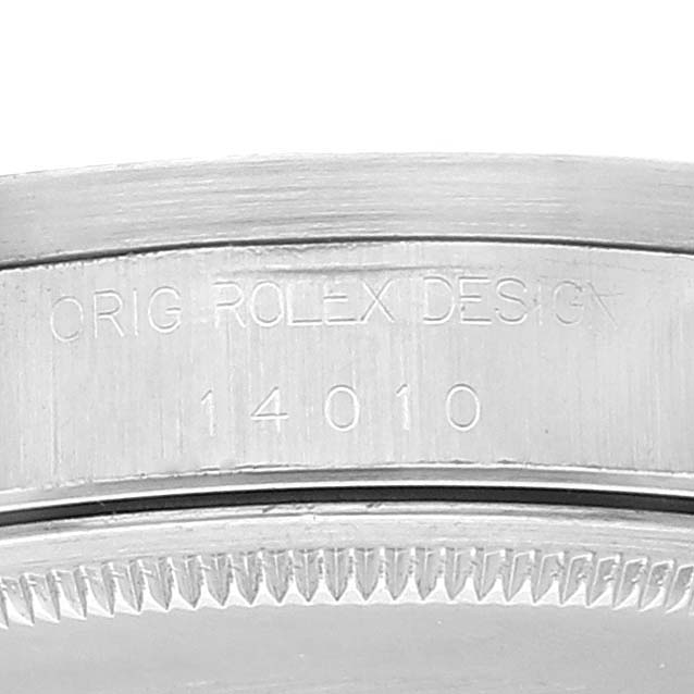 This image shows a close-up of the case back and serial number engraving on a Rolex Air-King 14010 Men's Stainless Steel Blue Dial 14010 Men's Stainless Steel Blue Dial watch.