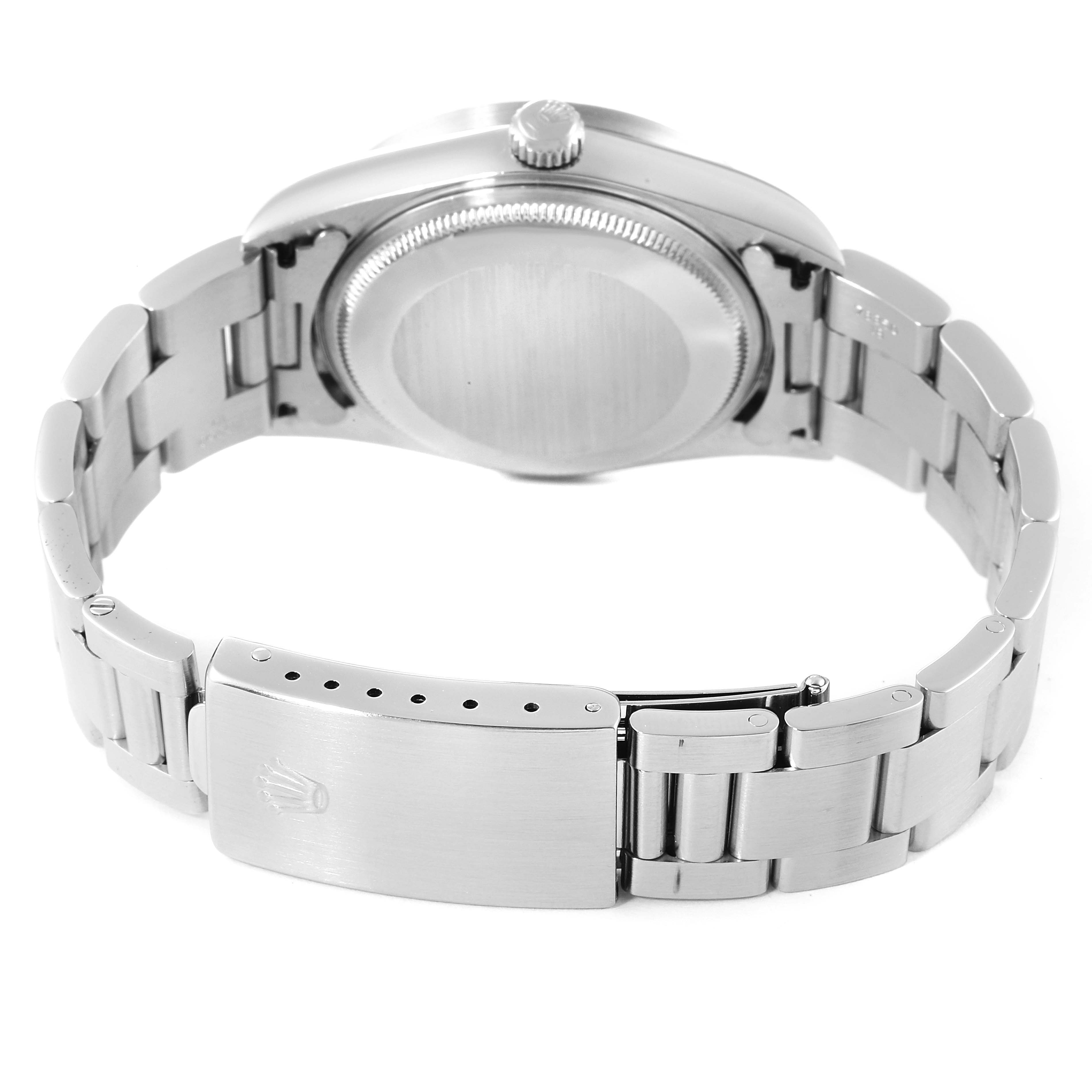 The image shows the back and strap of a Rolex Air-King 14010 Men's Stainless Steel Blue Dial 14010 Men's Stainless Steel Blue Dial watch from a bottom angle.