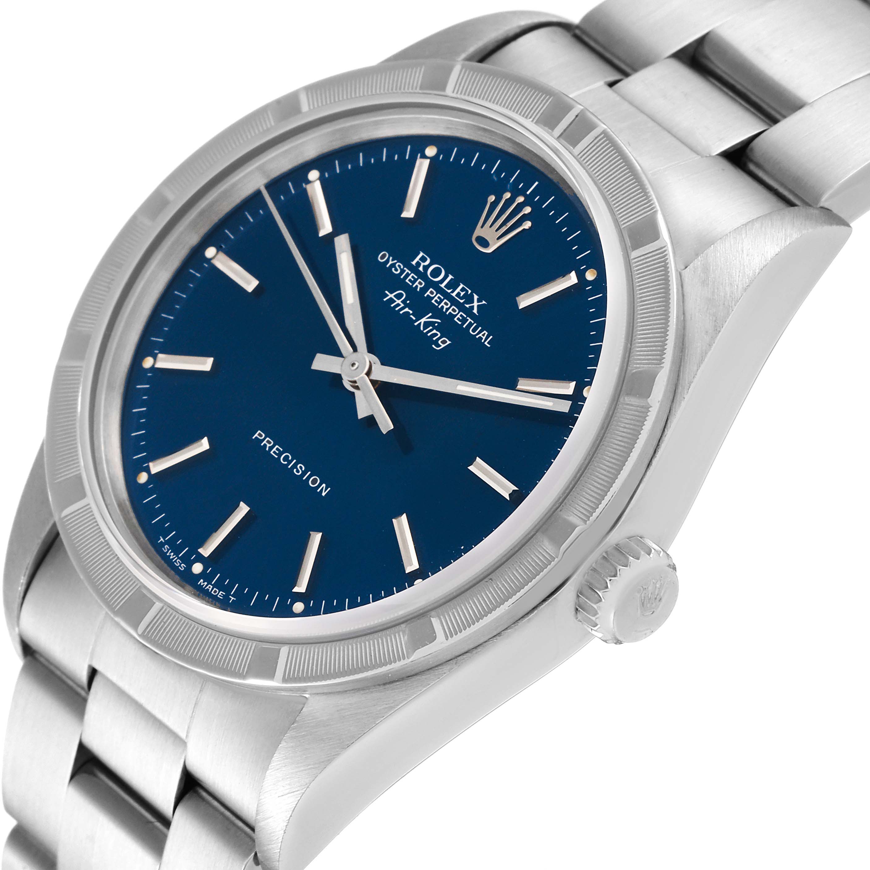 The image shows a close-up angle of a Rolex Air-King 14010 Men's Stainless Steel Blue Dial 14010 Men's Stainless Steel Blue Dial watch, highlighting its blue dial, crown, and a part of its metal bracelet.