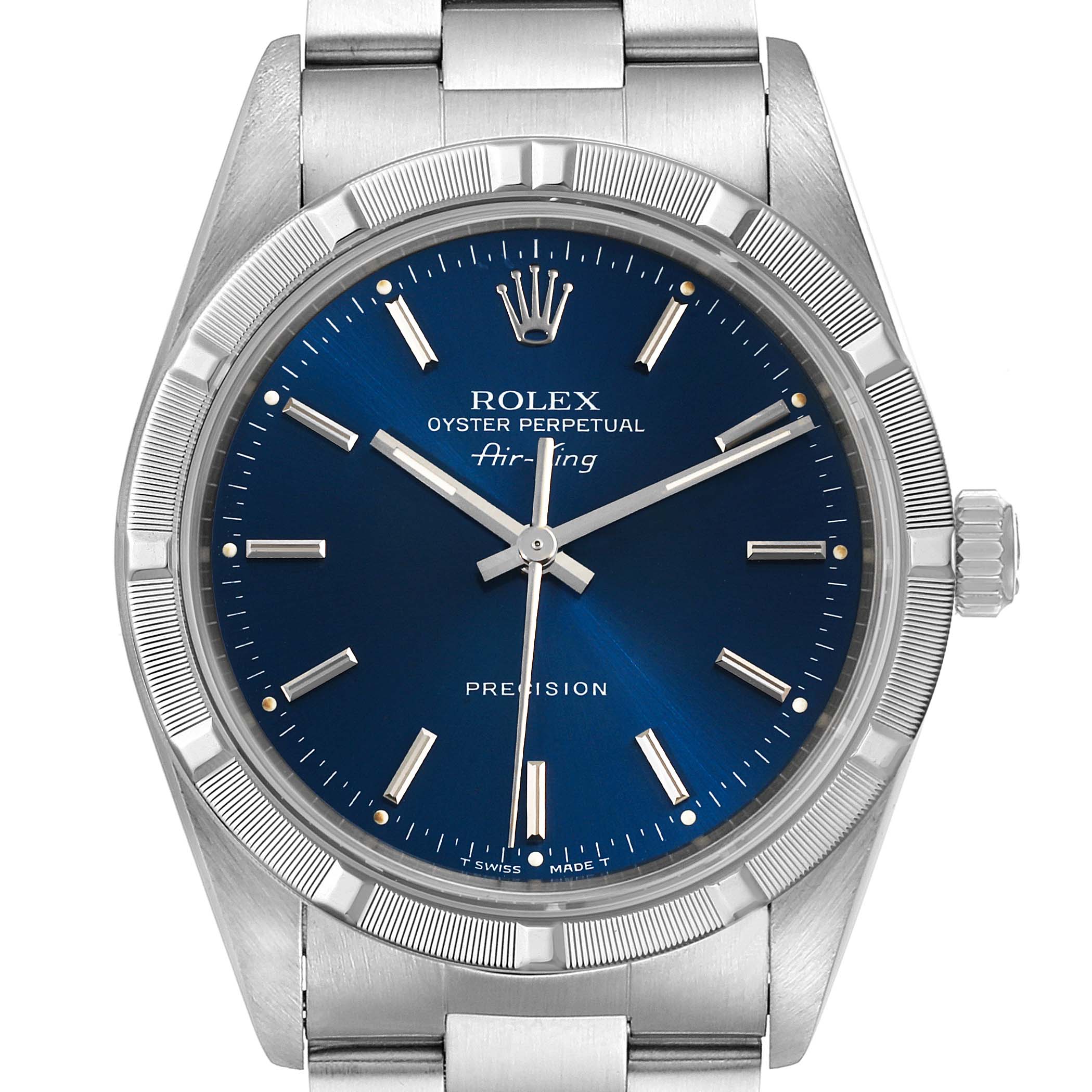 The image shows a front view of a Rolex Air-King 14010 Men's Stainless Steel Blue Dial 14010 Men's Stainless Steel Blue Dial watch, displaying its blue dial, hands, hour markers, bezel, and bracelet.
