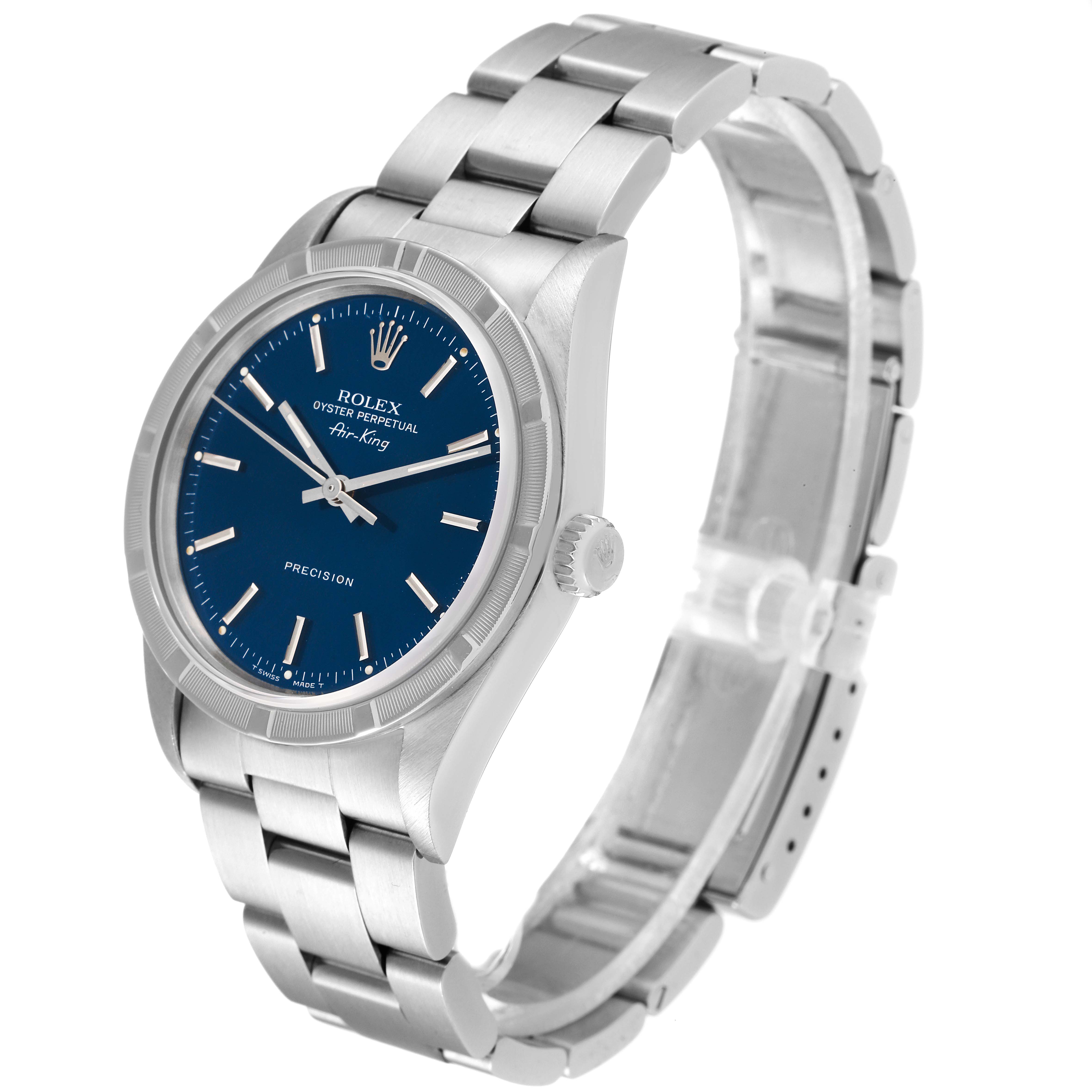 The image shows a side and front angle view of a Rolex Air-King 14010 Men's Stainless Steel Blue Dial 14010 Men's Stainless Steel Blue Dial watch, highlighting the dial, bezel, and bracelet.