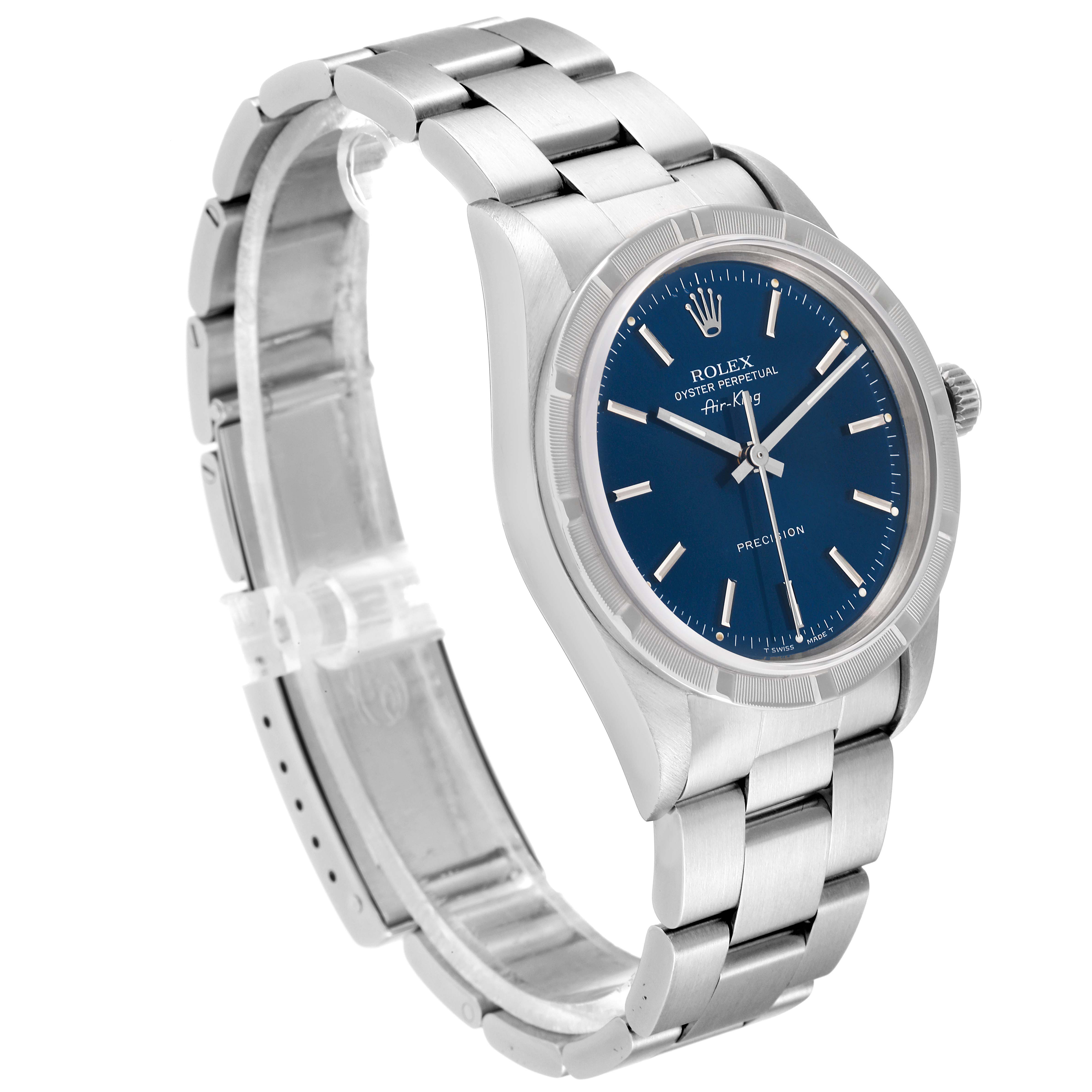 The Rolex Air-King 14010 Men's Stainless Steel Blue Dial 14010 Men's Stainless Steel Blue Dial watch is shown at a three-quarter view, highlighting its blue dial, metal bracelet, and crown.