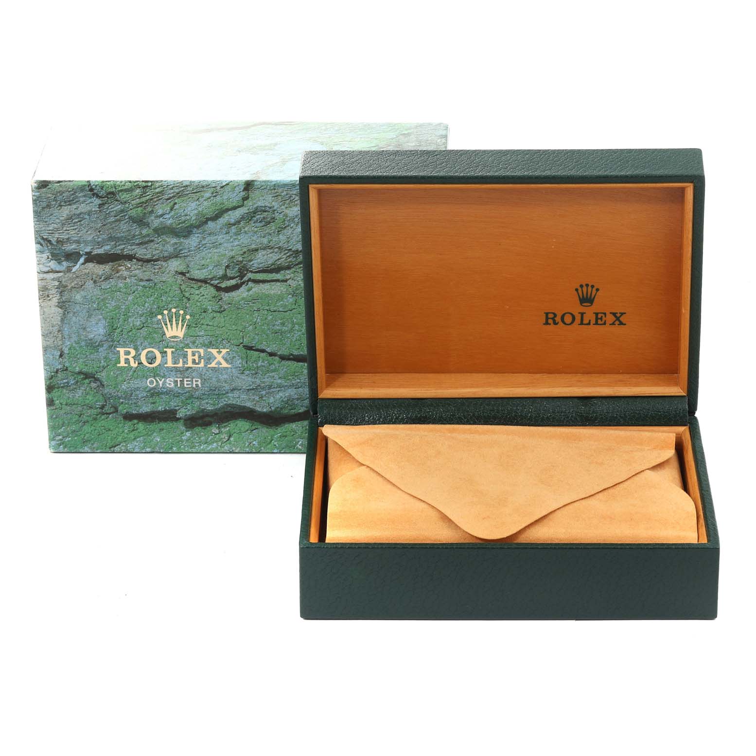 The image shows an open Rolex Air-King 14010 Men's Stainless Steel Blue Dial 14010 Men's Stainless Steel Blue Dial box, revealing its inner wooden lining and cushion, with the outer green box in the background.