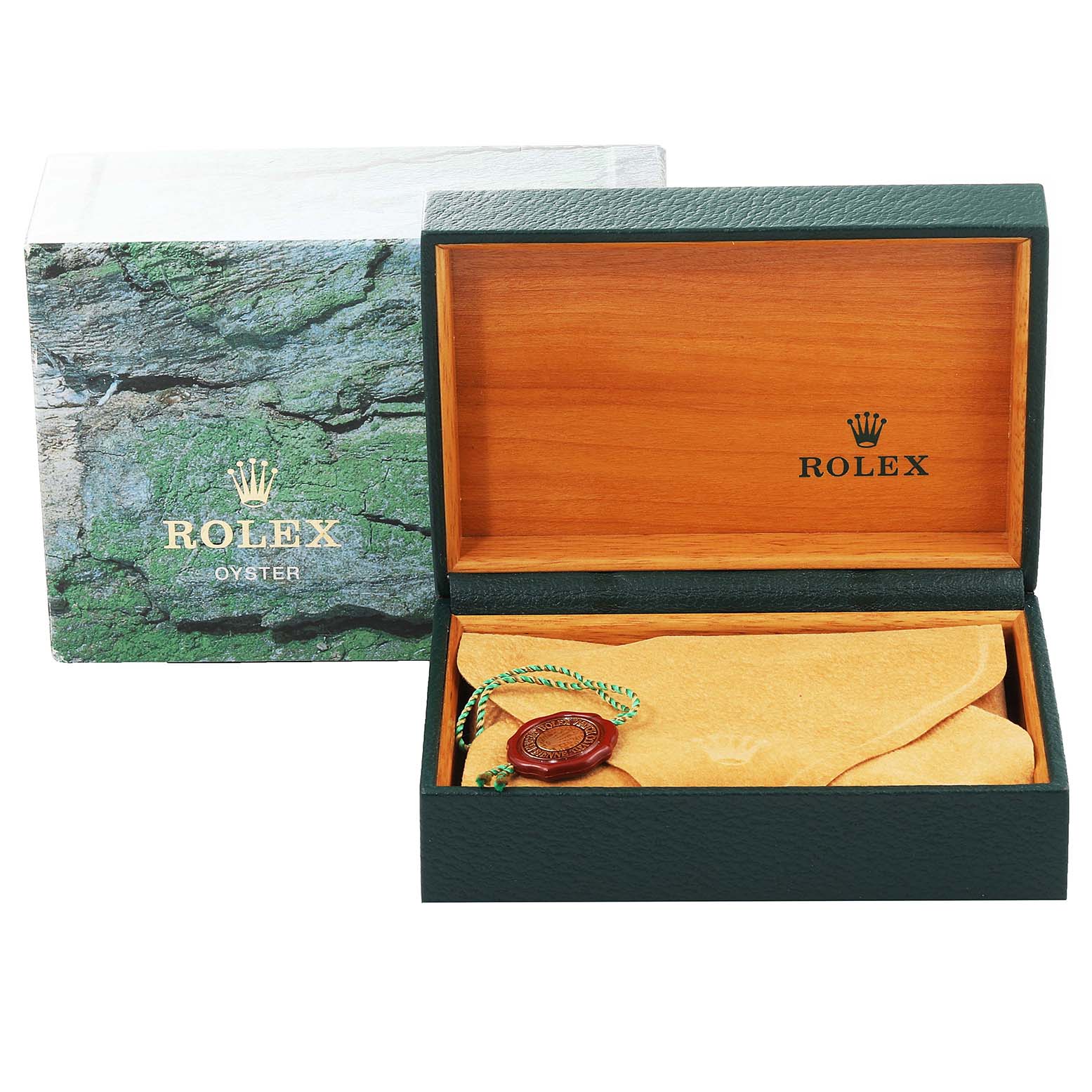 The image shows the open wooden box and outer packaging for a Rolex Date 15210 Men's Stainless Steel Blue Dial 15210 Men's Stainless Steel Blue Dial model, displaying its interior and accessories.
