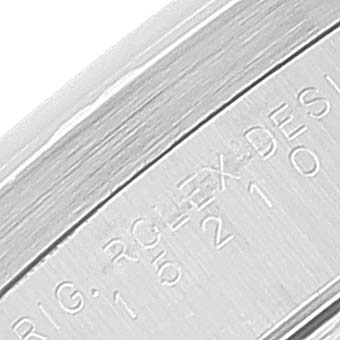 This close-up image shows the side casing detail of the Rolex Date 15210 Men's Stainless Steel Blue Dial 15210 Men's Stainless Steel Blue Dial model watch.