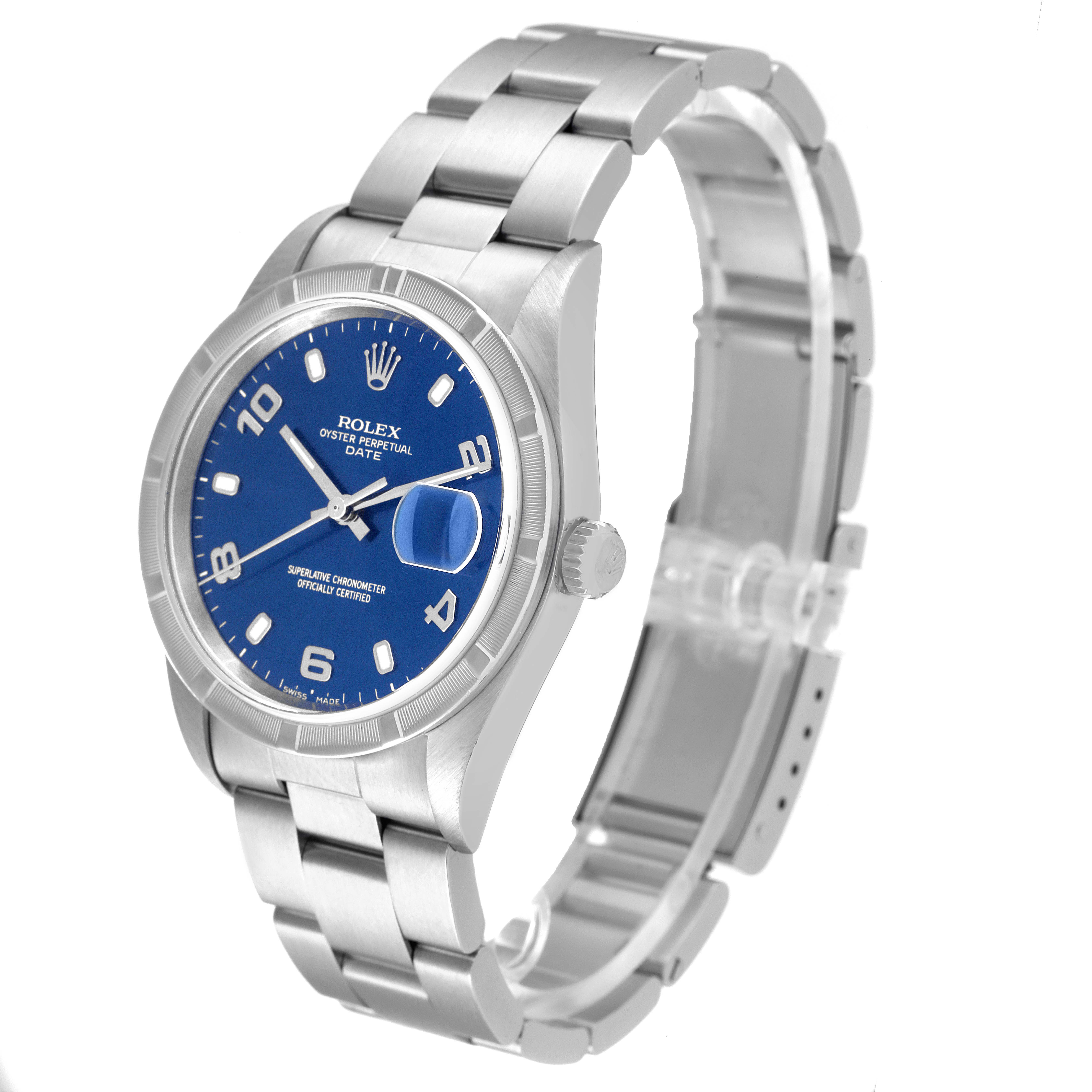 The image shows a Rolex Oyster Perpetual Date watch at a three-quarter angle, highlighting the blue dial and silver bracelet.