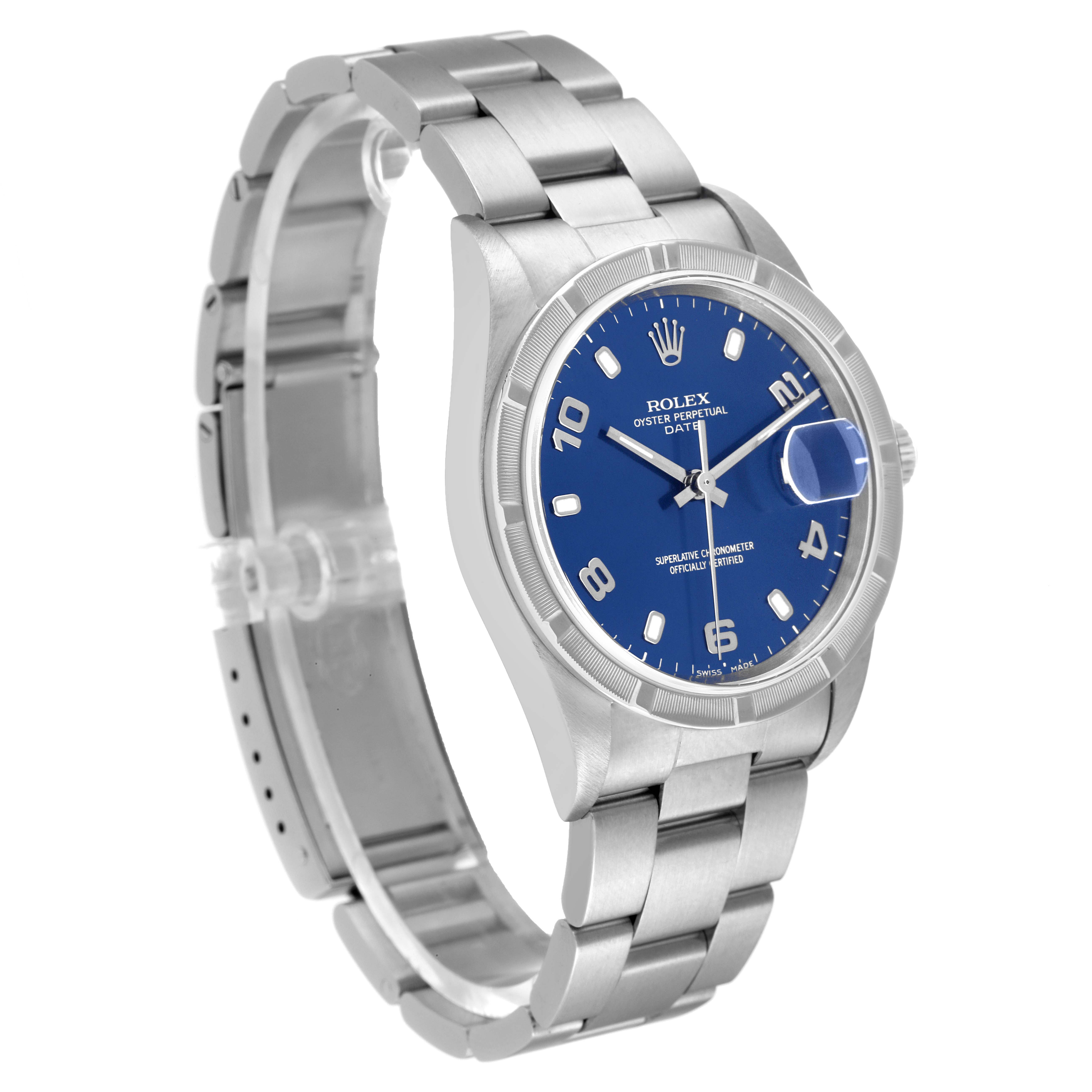 The image shows a side angle of the Rolex Date 15210 Men's Stainless Steel Blue Dial 15210 Men's Stainless Steel Blue Dial model watch displaying its face, metal band, and clasp.