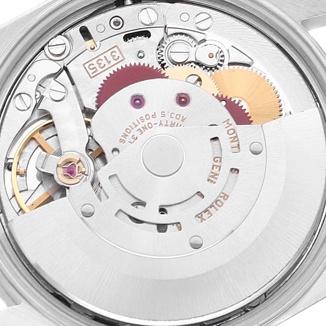 This image shows a close-up of the internal movement mechanism of a Rolex Date 15210 Men's Stainless Steel Blue Dial 15210 Men's Stainless Steel Blue Dial model watch.