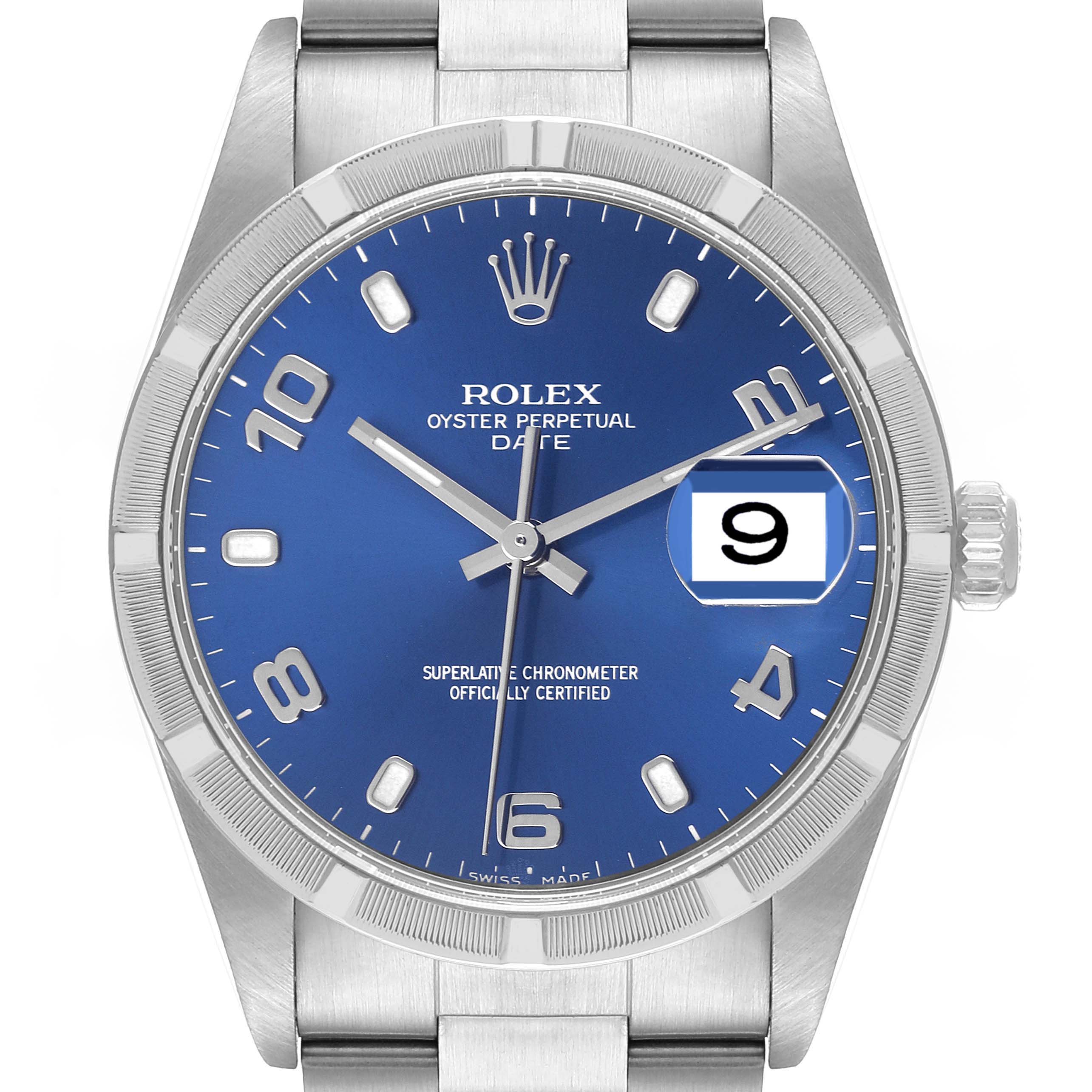 This image shows a Rolex Date 15210 Men's Stainless Steel Blue Dial 15210 Men's Stainless Steel Blue Dial model watch from a straight-on angle, highlighting the dial, bezel, crown, and bracelet.