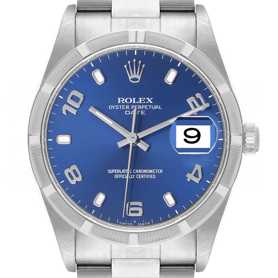 Rolex Date Blue Dial Engine Turned Bezel Steel Mens Watch 15210 SwissWatchExpo