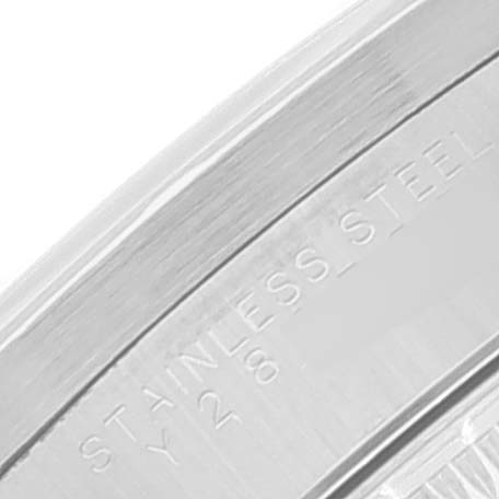 The image shows a close-up of the stainless steel case side of a Rolex Date 15210 Men's Stainless Steel Blue Dial 15210 Men's Stainless Steel Blue Dial watch.