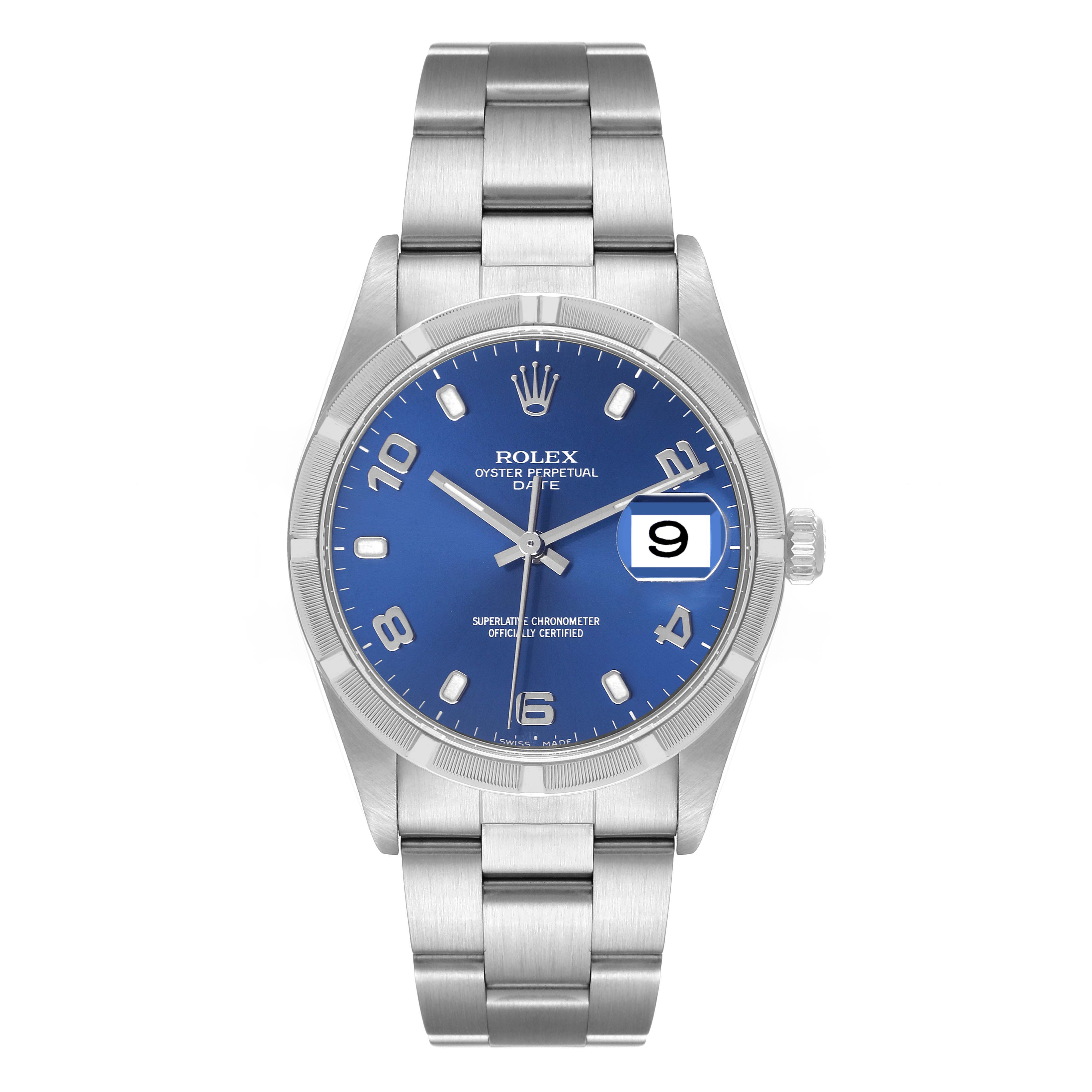 This Rolex Date 15210 Men's Stainless Steel Blue Dial 15210 Men's Stainless Steel Blue Dial model watch is shown in a straight-on angle, displaying its face, band, crown, and date window.