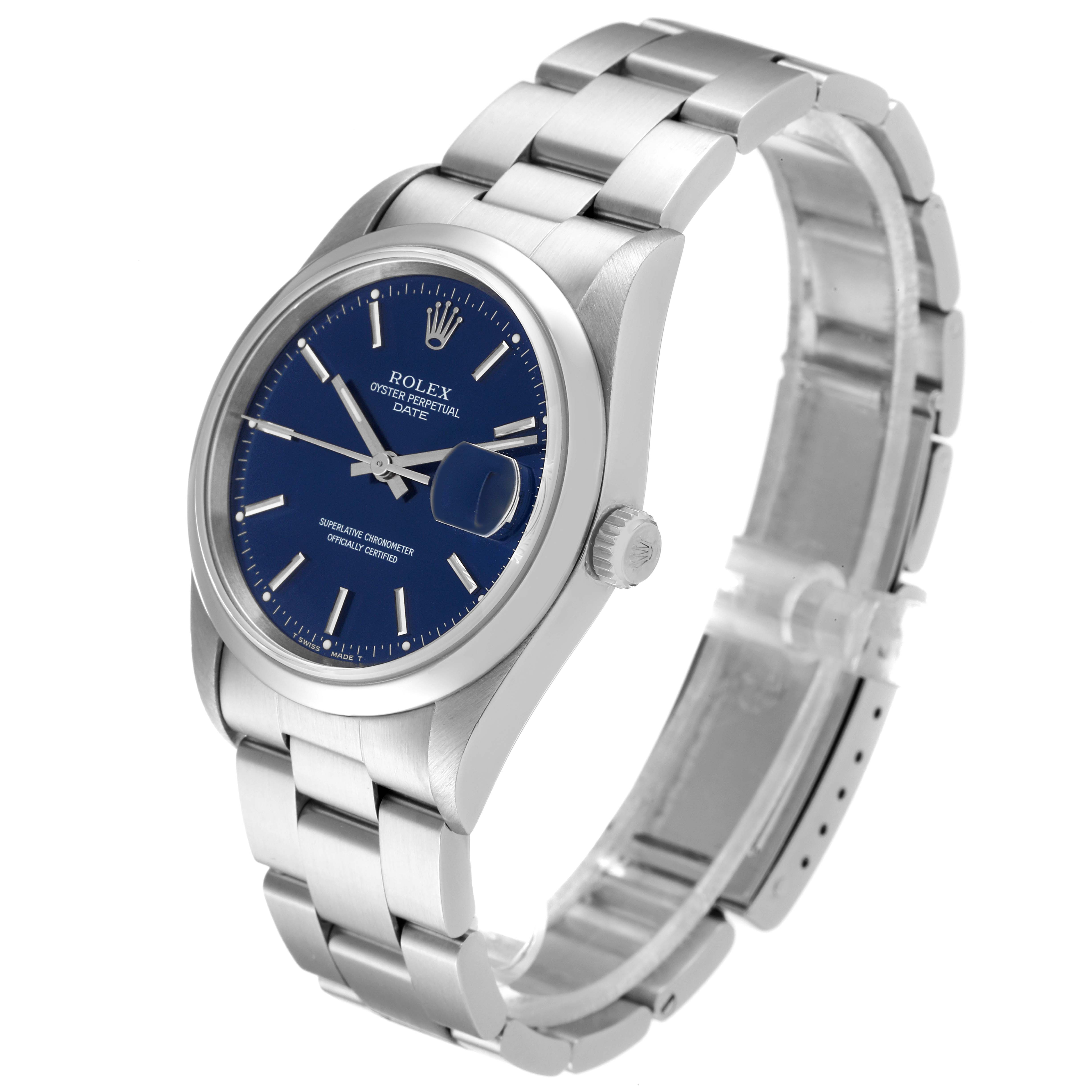 The image shows a side and front angle of a Rolex Date 15200 Men's Stainless Steel Blue Dial 15200 Men's Stainless Steel Blue Dial model watch, displaying the dial, bracelet, and crown.