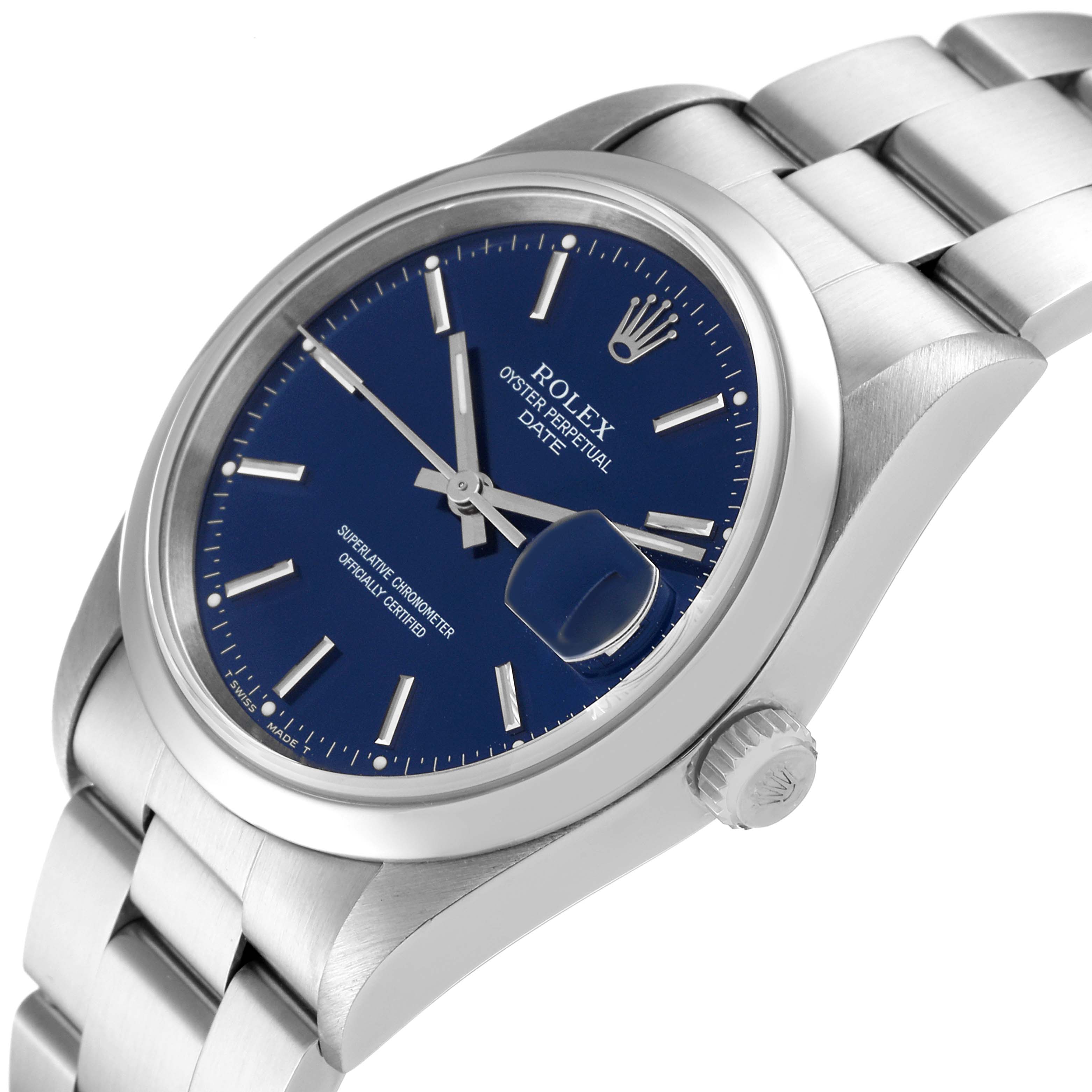 The Rolex Date 15200 Men's Stainless Steel Blue Dial 15200 Men's Stainless Steel Blue Dial model watch is shown at an angle, displaying its face, crown, and part of the bracelet.