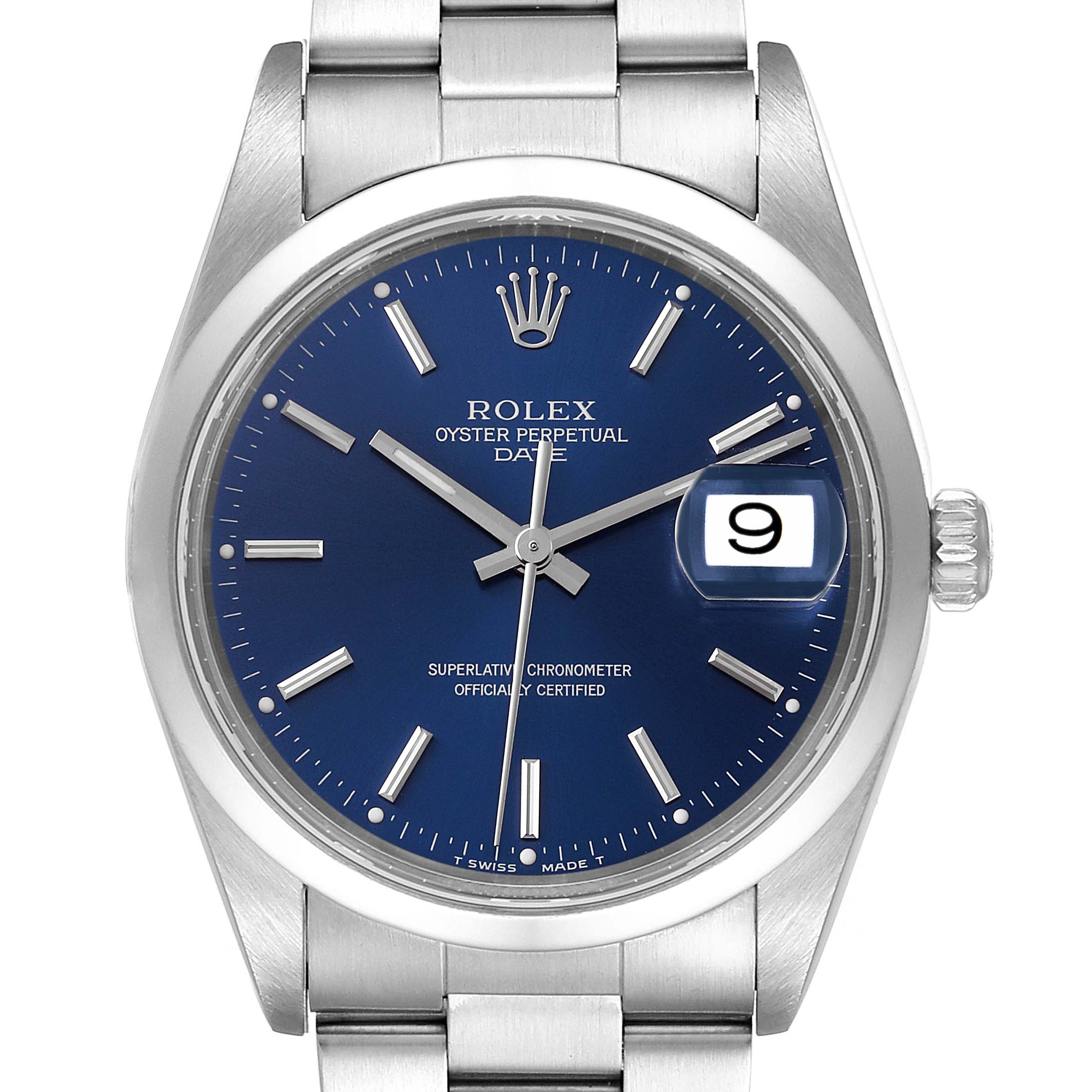 The image shows a Rolex Date 15200 Men's Stainless Steel Blue Dial 15200 Men's Stainless Steel Blue Dial model watch from a front angle, highlighting the blue dial, date window, and stainless steel bracelet.