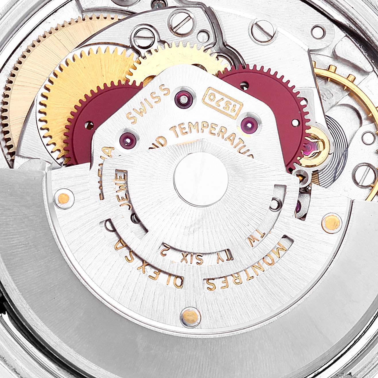 The image shows the intricate inner mechanics of a Rolex Date 1500 Men's Stainless Steel Silver Dial model watch from a top-down angle.