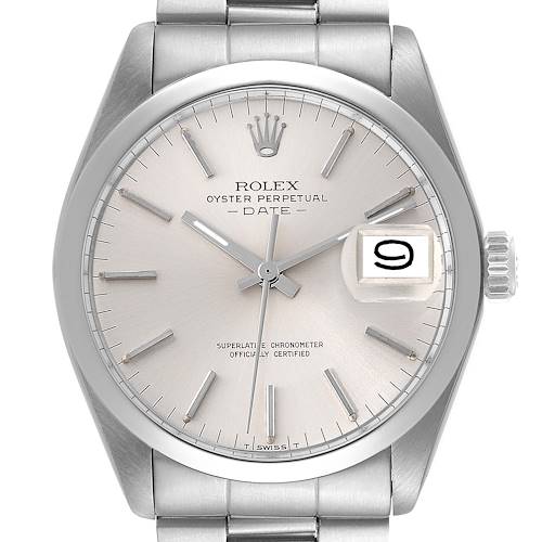 The Rolex Date 1500 Men's Stainless Steel Silver Dial watch is shown from a front angle, displaying the dial, bezel, and part of the metal bracelet.