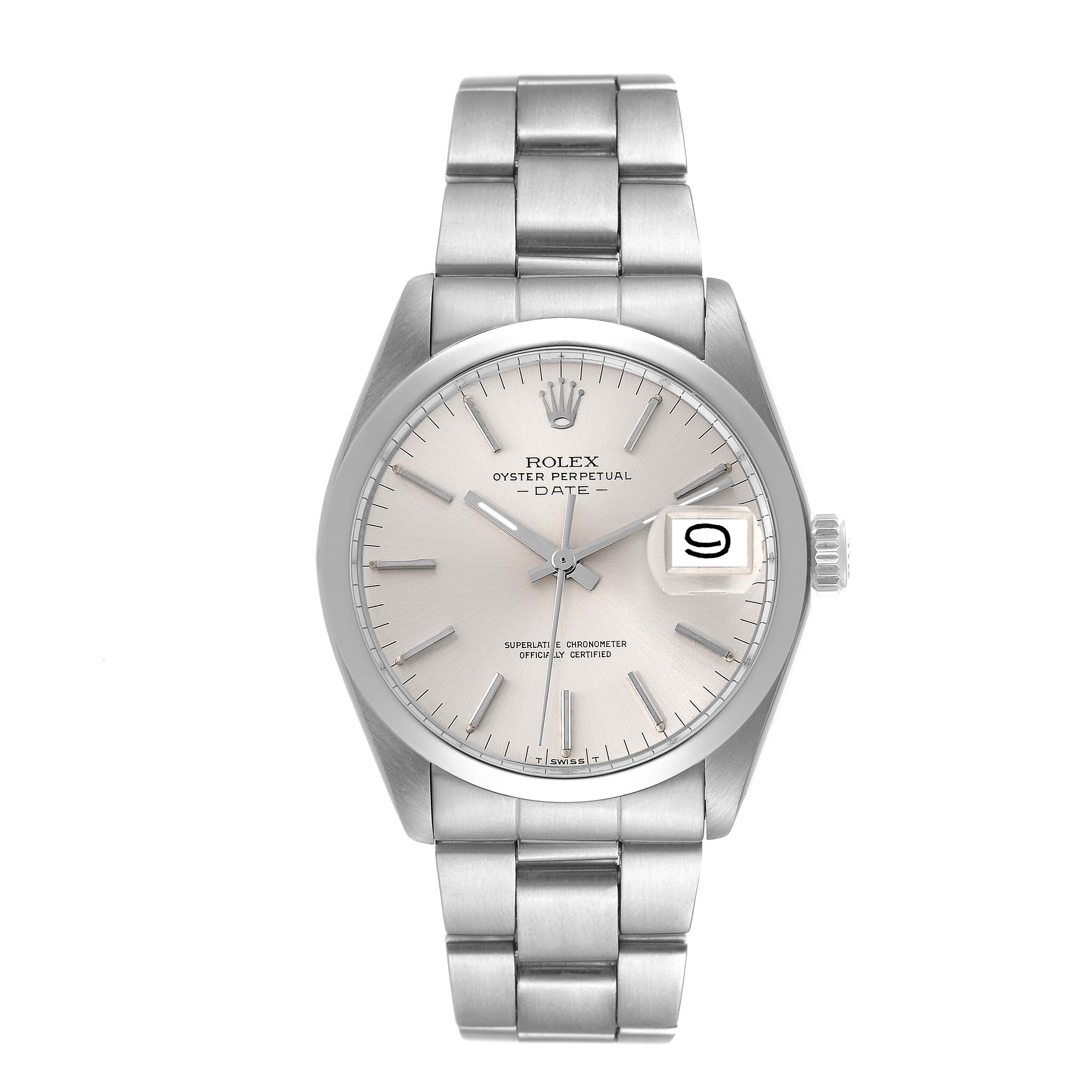 The Rolex Date 1500 Men's Stainless Steel Silver Dial watch is shown from the front, displaying the face, hands, and bracelet.