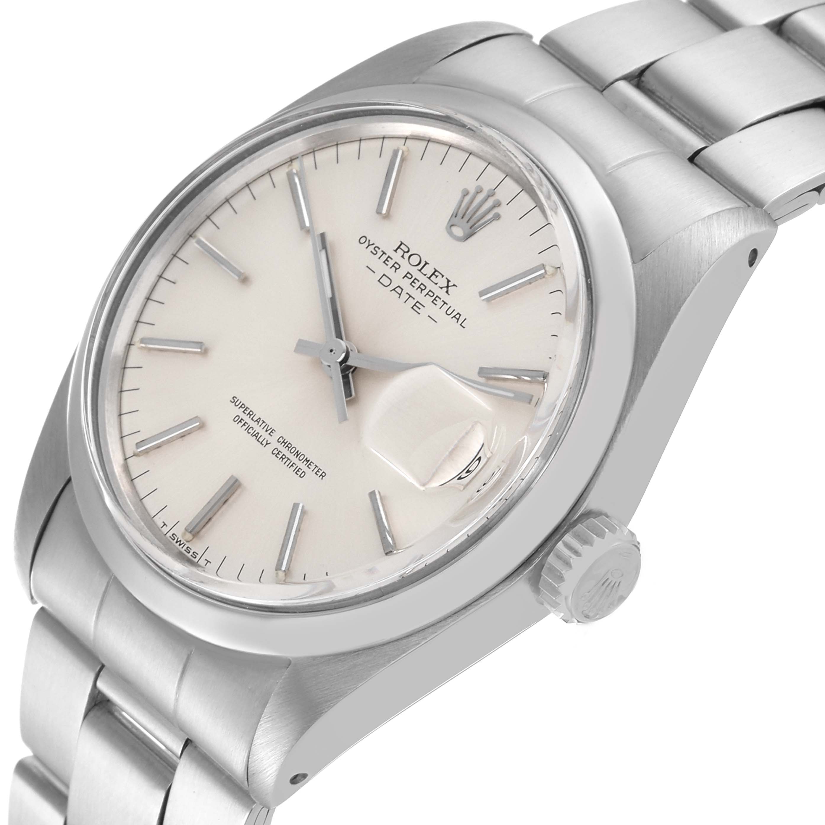 The Rolex Date 1500 Men's Stainless Steel Silver Dial watch is shown at a three-quarter angle, highlighting the face, crown, and bracelet.