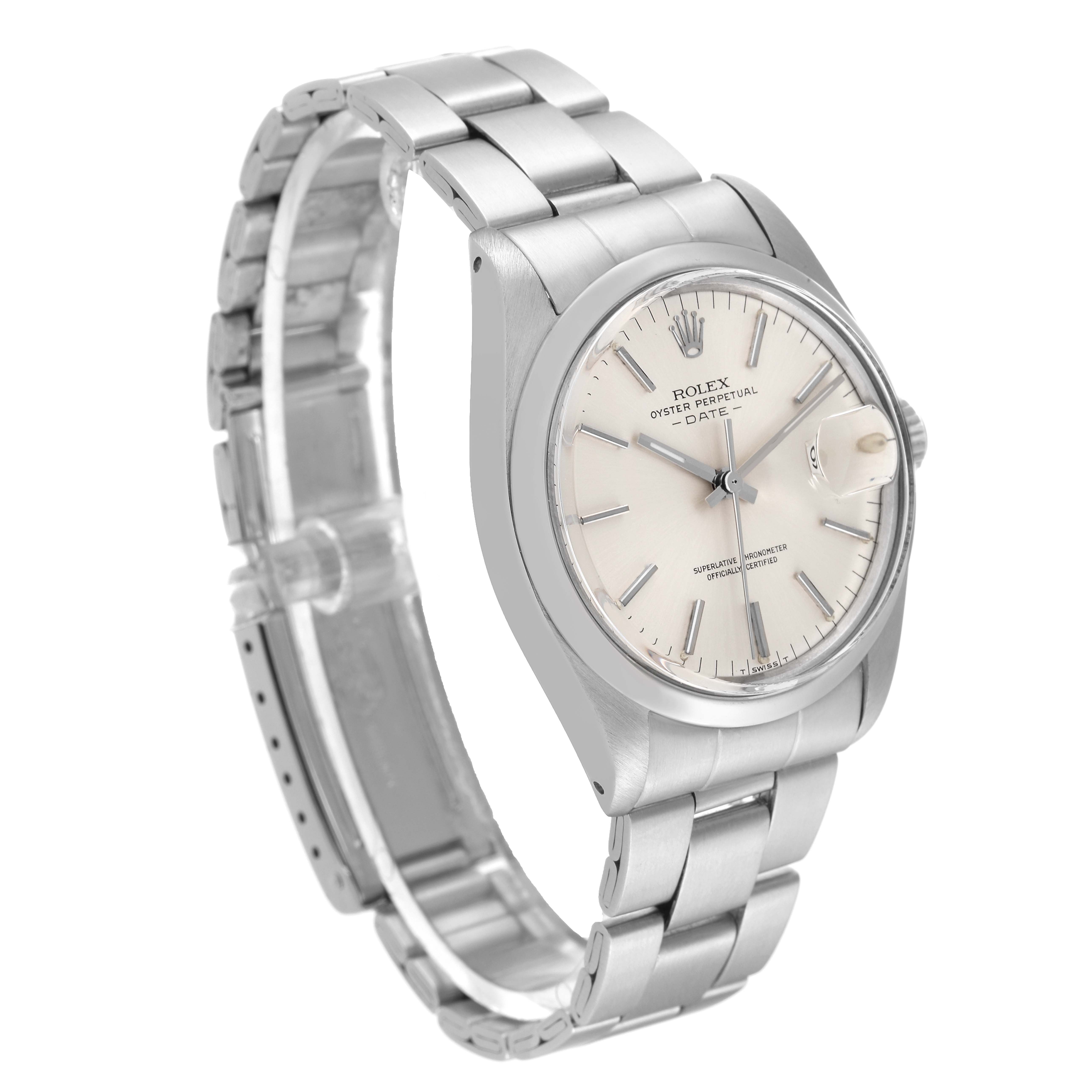 The Rolex Date 1500 Men's Stainless Steel Silver Dial model watch is shown at a three-quarter angle, displaying the dial, bracelet, and crown.
