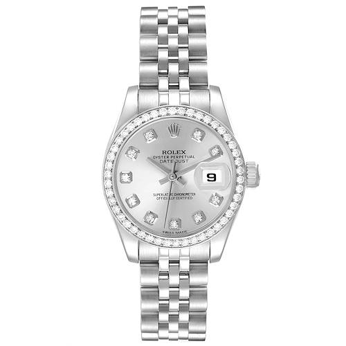 The Rolex Datejust 179384 Women's Stainless Steel Silver Dial watch is shown from a front angle, featuring its dial, bezel, bracelet, and date window.