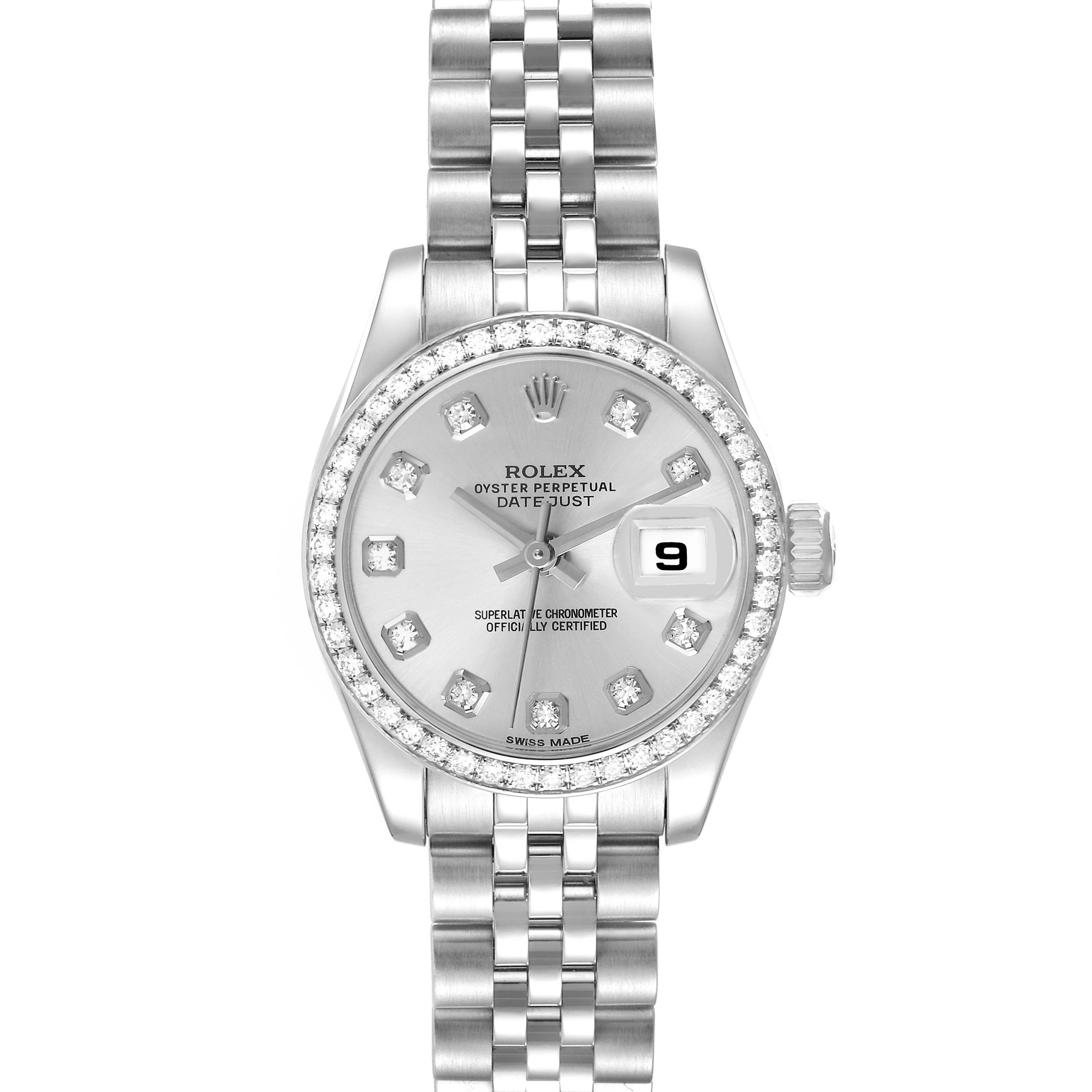 The Rolex Datejust 179384 Women's Stainless Steel Silver Dial watch is shown from a front angle, highlighting the dial, bezel, and bracelet.