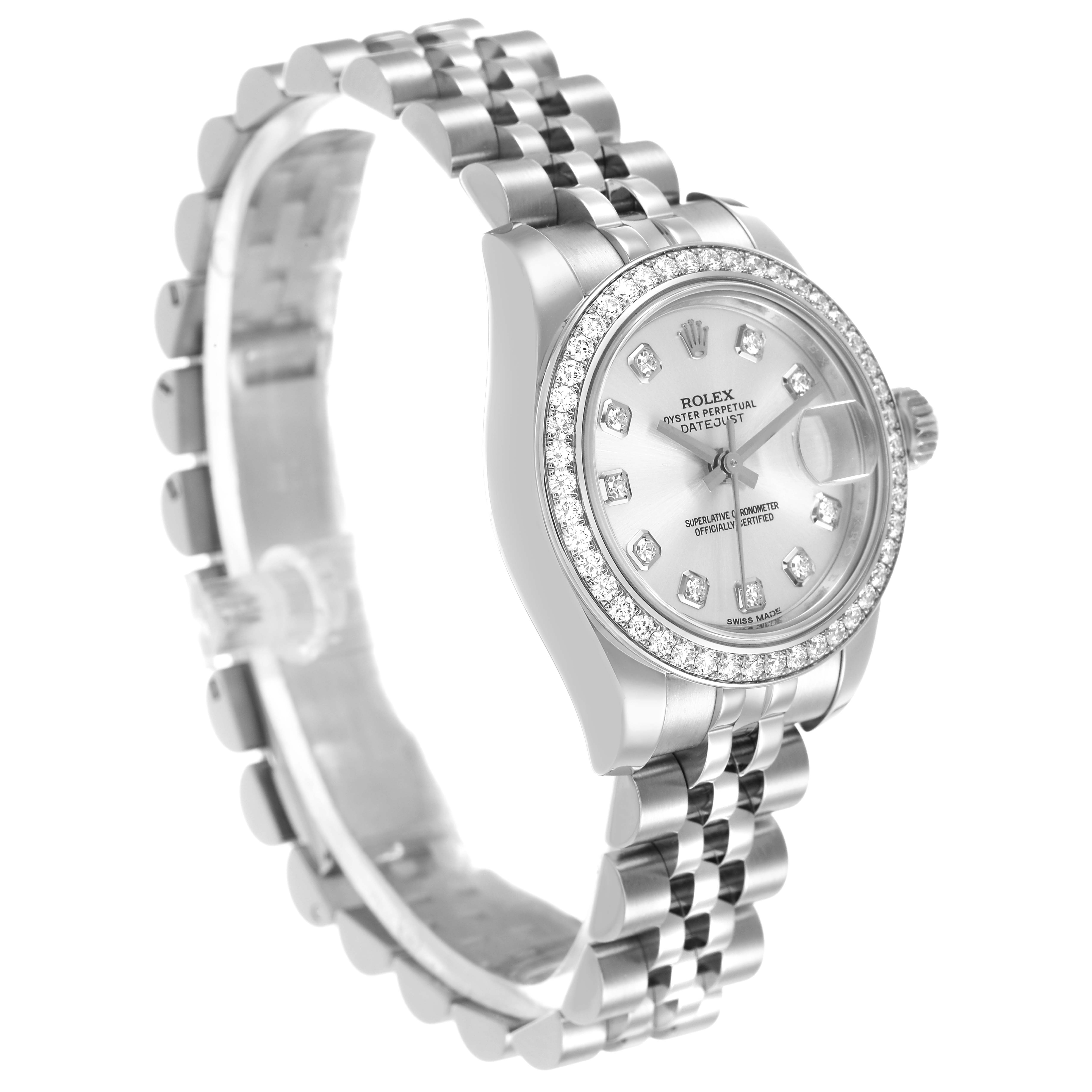 The Rolex Datejust 179384 Women's Stainless Steel Silver Dial watch is shown at a three-quarter angle, displaying its dial, bezel, and part of the bracelet.
