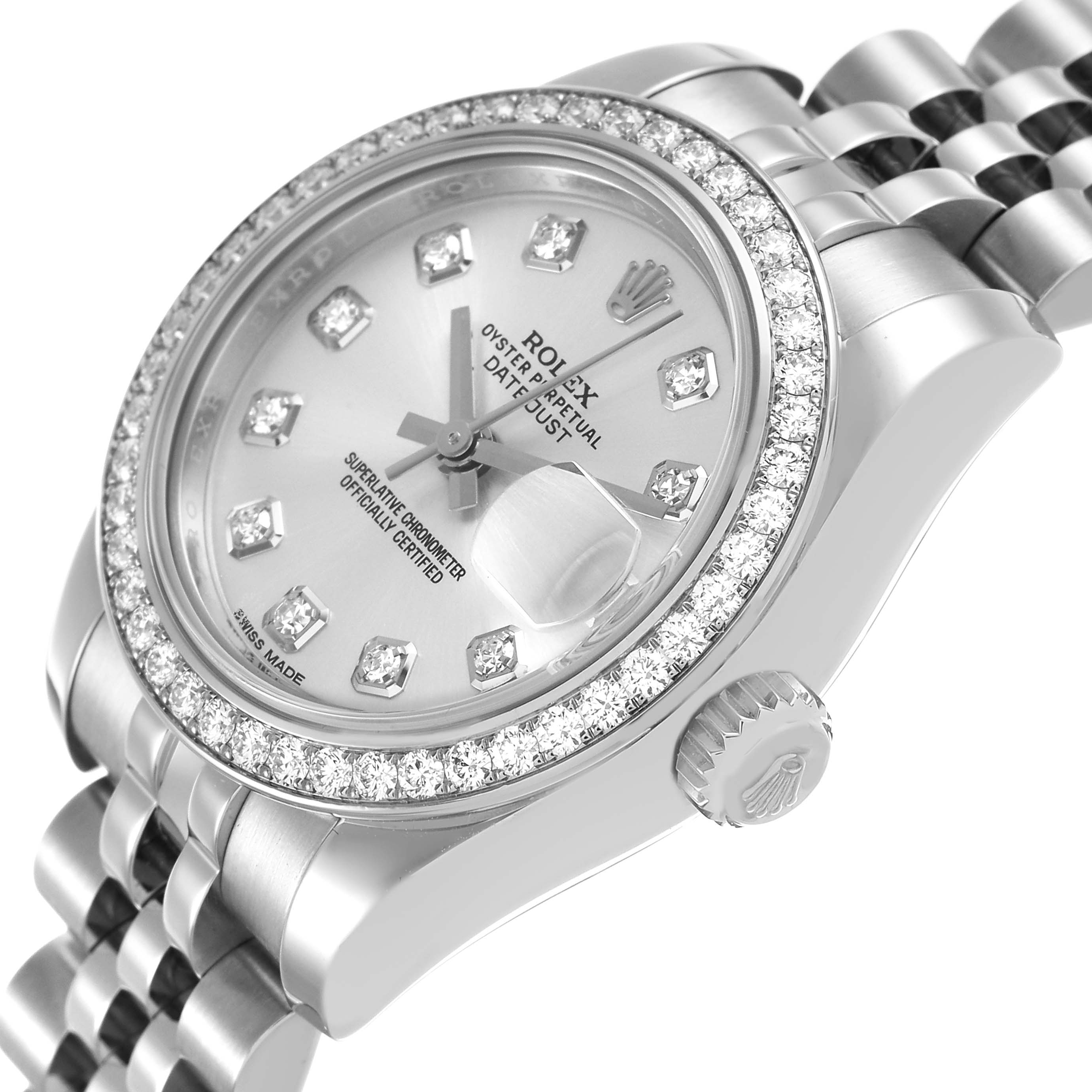 The Rolex Datejust 179384 Women's Stainless Steel Silver Dial watch is shown at a three-quarter angle, highlighting the dial, bezel, crown, and part of the bracelet.