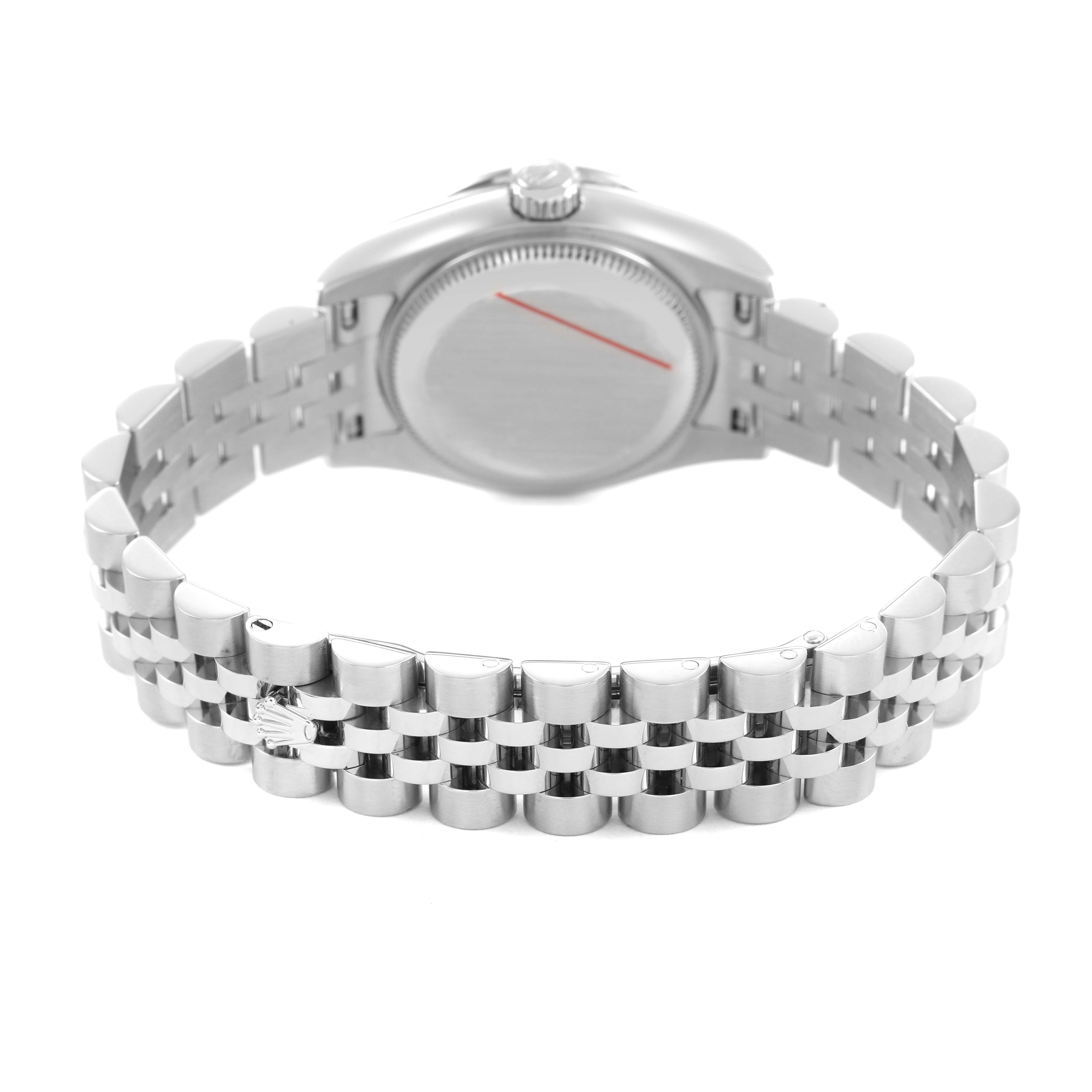The image shows the back and bracelet of a Rolex Datejust 179384 Women's Stainless Steel Silver Dial watch from a rear angle.