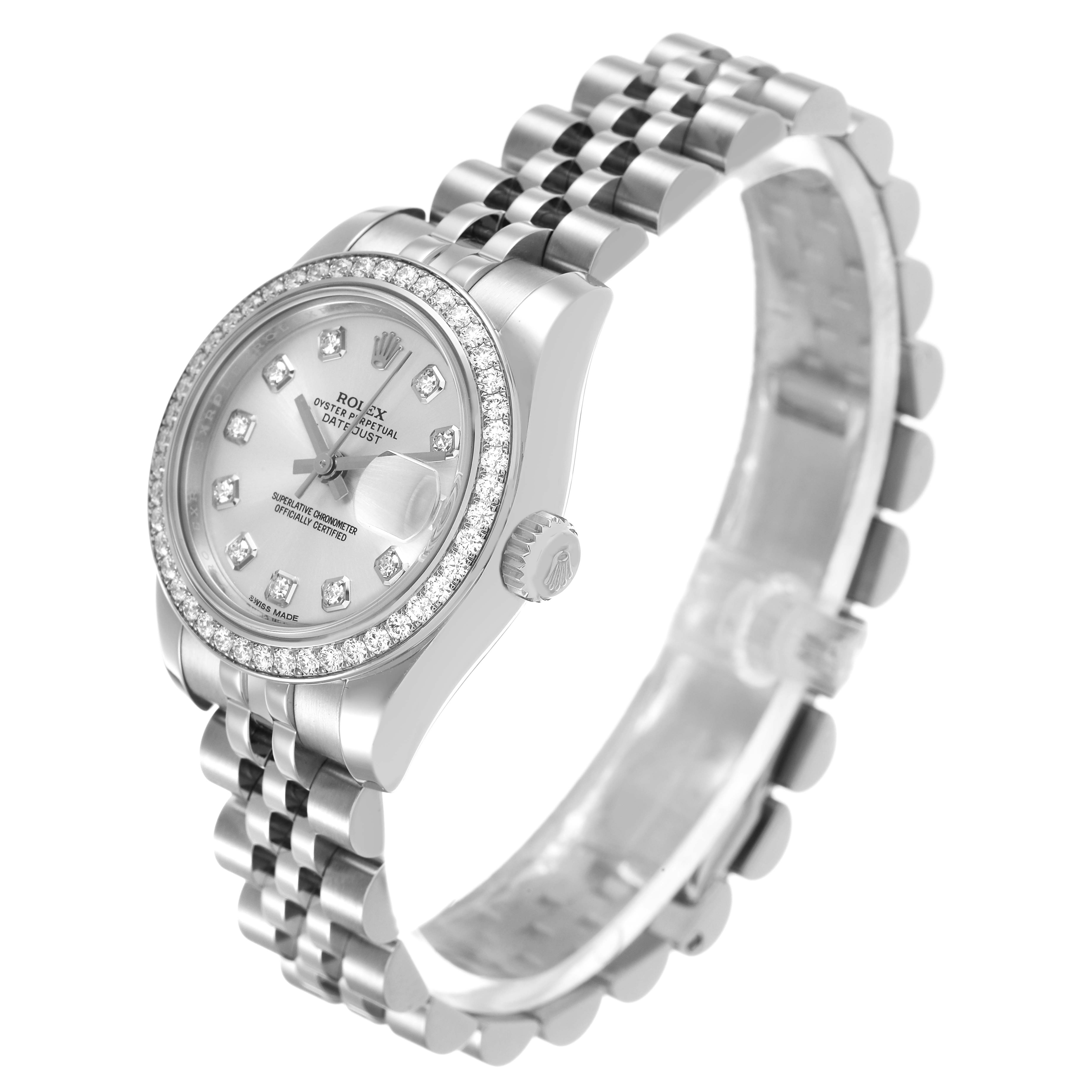 The Rolex Datejust 179384 Women's Stainless Steel Silver Dial watch is shown at a three-quarter angle, highlighting the face, bezel, and bracelet.