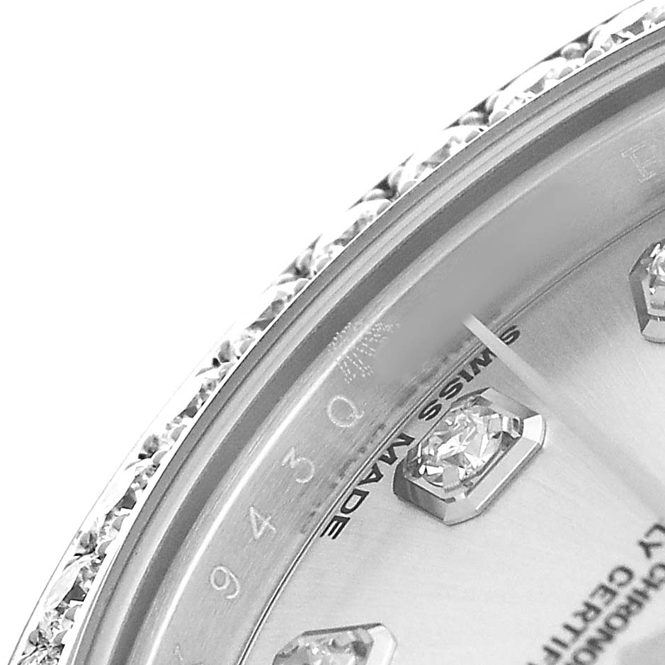 The image shows a close-up of the dial and bezel with diamond markers on a Rolex Datejust 179384 Women's Stainless Steel Silver Dial watch.