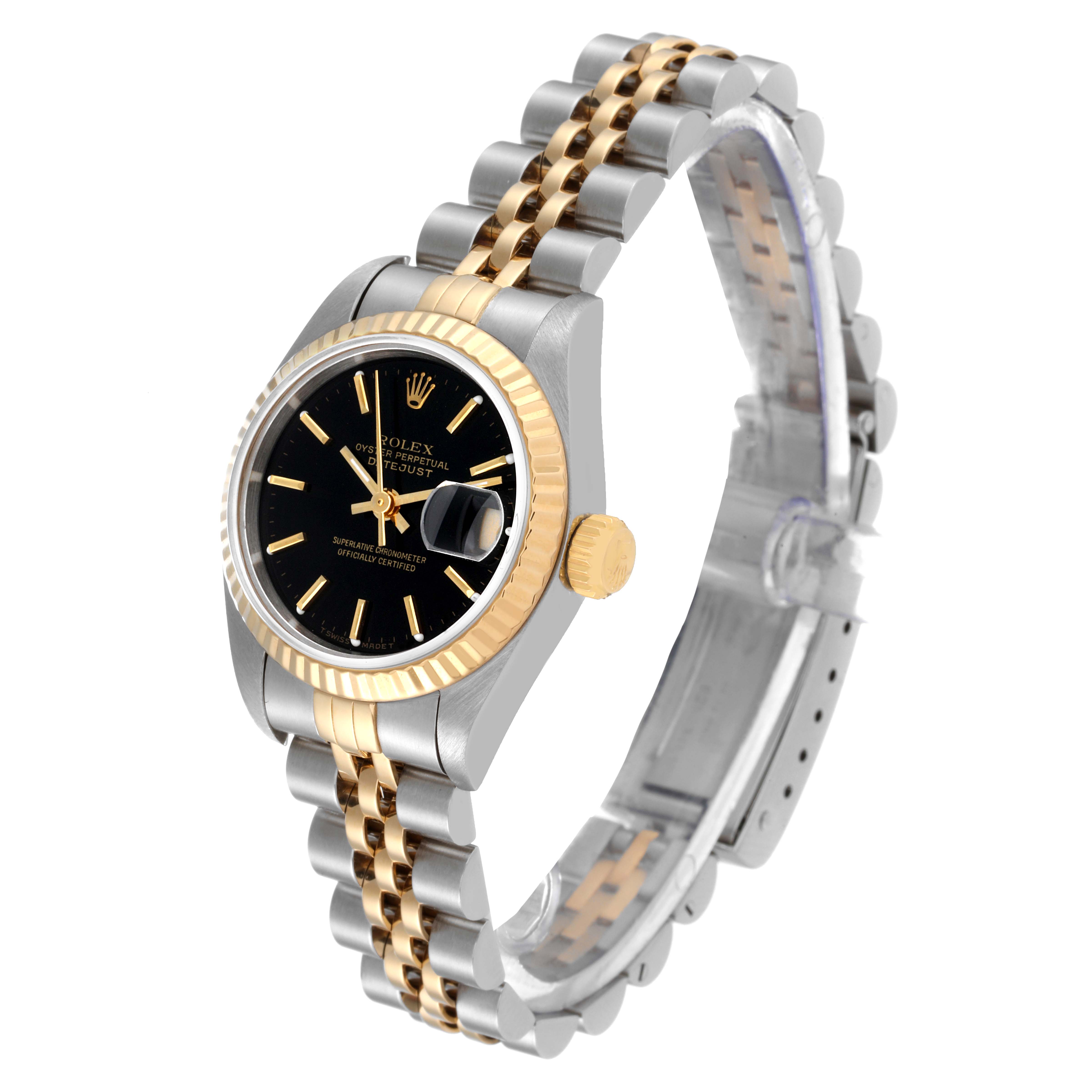 This Rolex Datejust 69173 Women's Steel and Gold (two tone) Black Dial 69173 Women's Steel and Gold (two tone) Black Dial watch is shown from a three-quarter angle, displaying the face, bezel, crown, and part of the band.