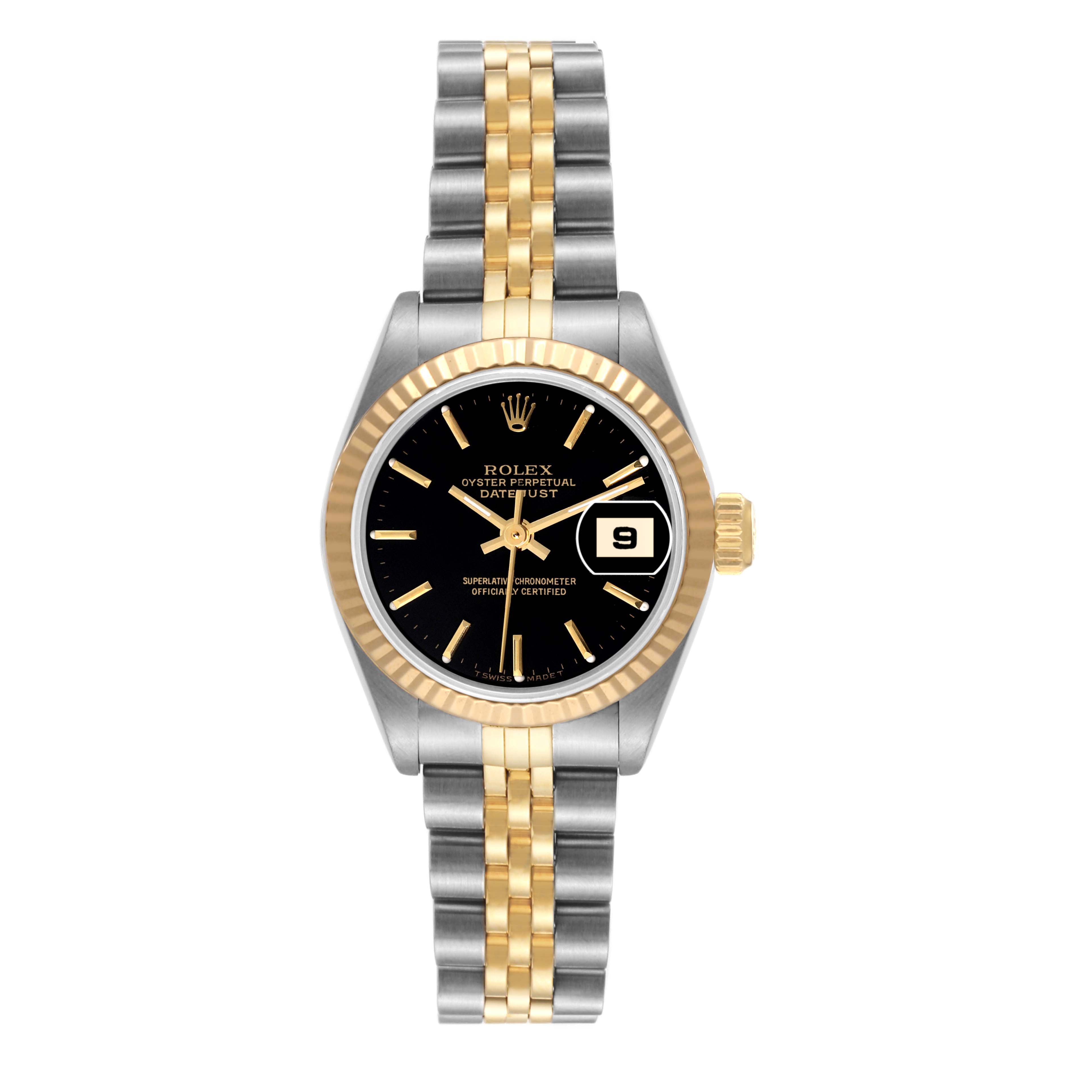 The image shows a front view of a Rolex Datejust 69173 Women's Steel and Gold (two tone) Black Dial 69173 Women's Steel and Gold (two tone) Black Dial watch, displaying the dial, bezel, and two-tone bracelet.