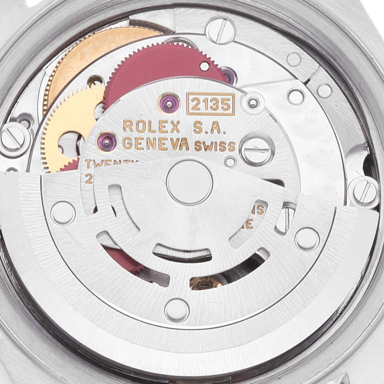 This image shows a close-up of the movement mechanism inside a Rolex Datejust 69173 Women's Steel and Gold (two tone) Black Dial 69173 Women's Steel and Gold (two tone) Black Dial watch, highlighting its intricate gears and components.