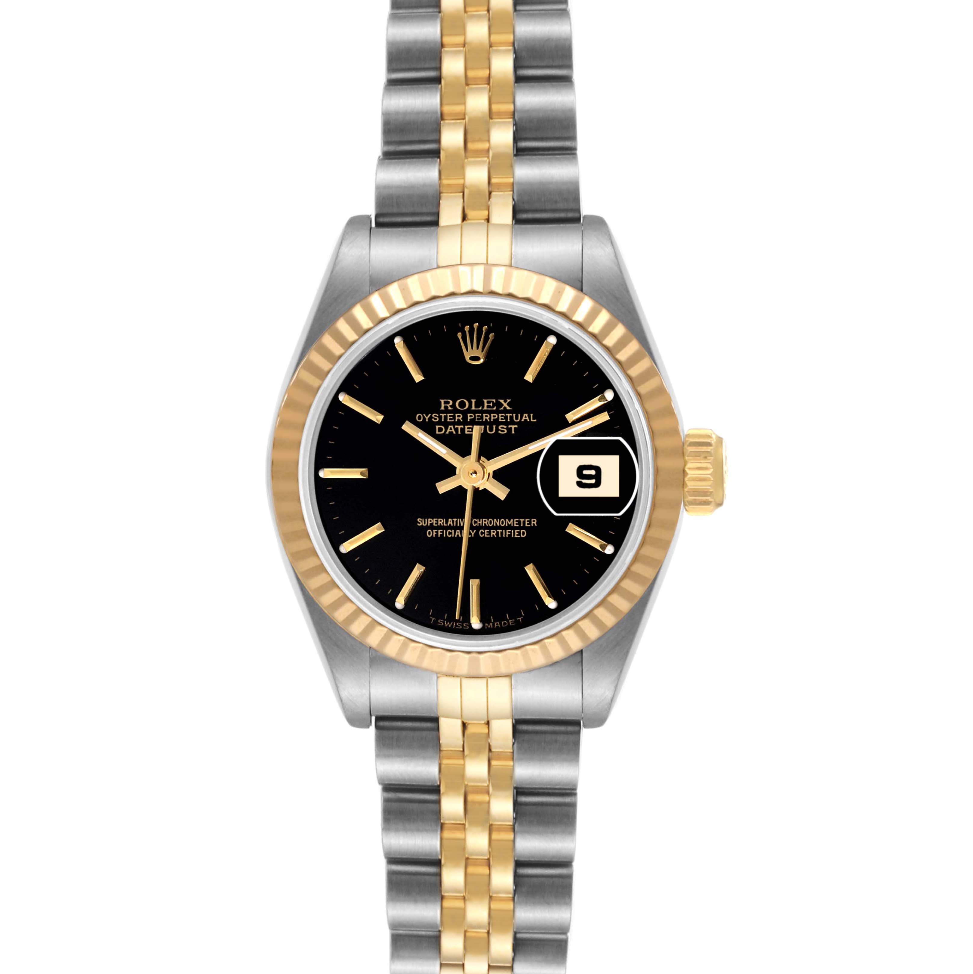 This image shows a Rolex Datejust 69173 Women's Steel and Gold (two tone) Black Dial 69173 Women's Steel and Gold (two tone) Black Dial watch from a front angle, featuring a black dial, gold fluted bezel, and a two-tone bracelet.
