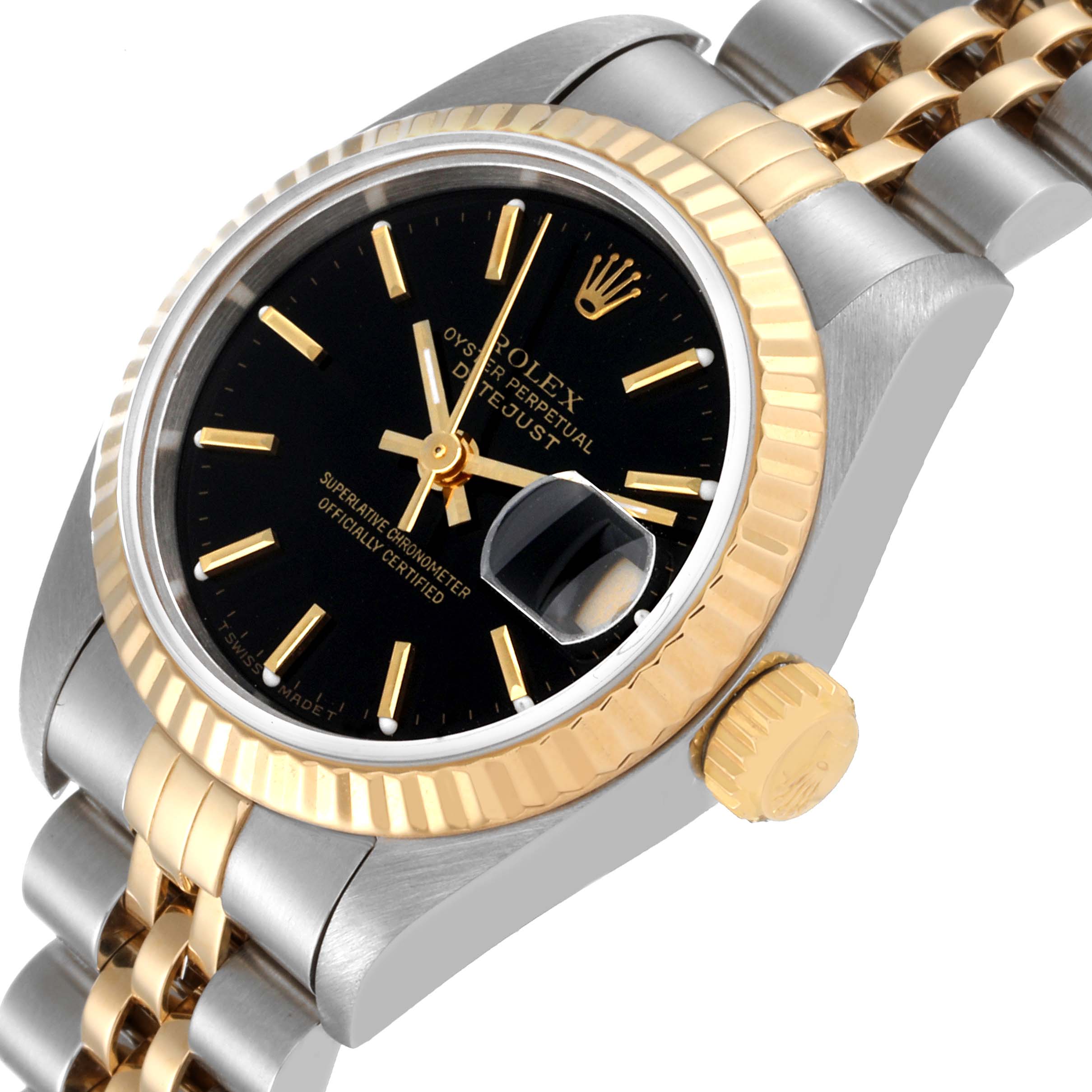 The image shows a Rolex Datejust 69173 Women's Steel and Gold (two tone) Black Dial 69173 Women's Steel and Gold (two tone) Black Dial watch from a close, angled perspective, highlighting the dial, fluted bezel, crown, and part of the bracelet.
