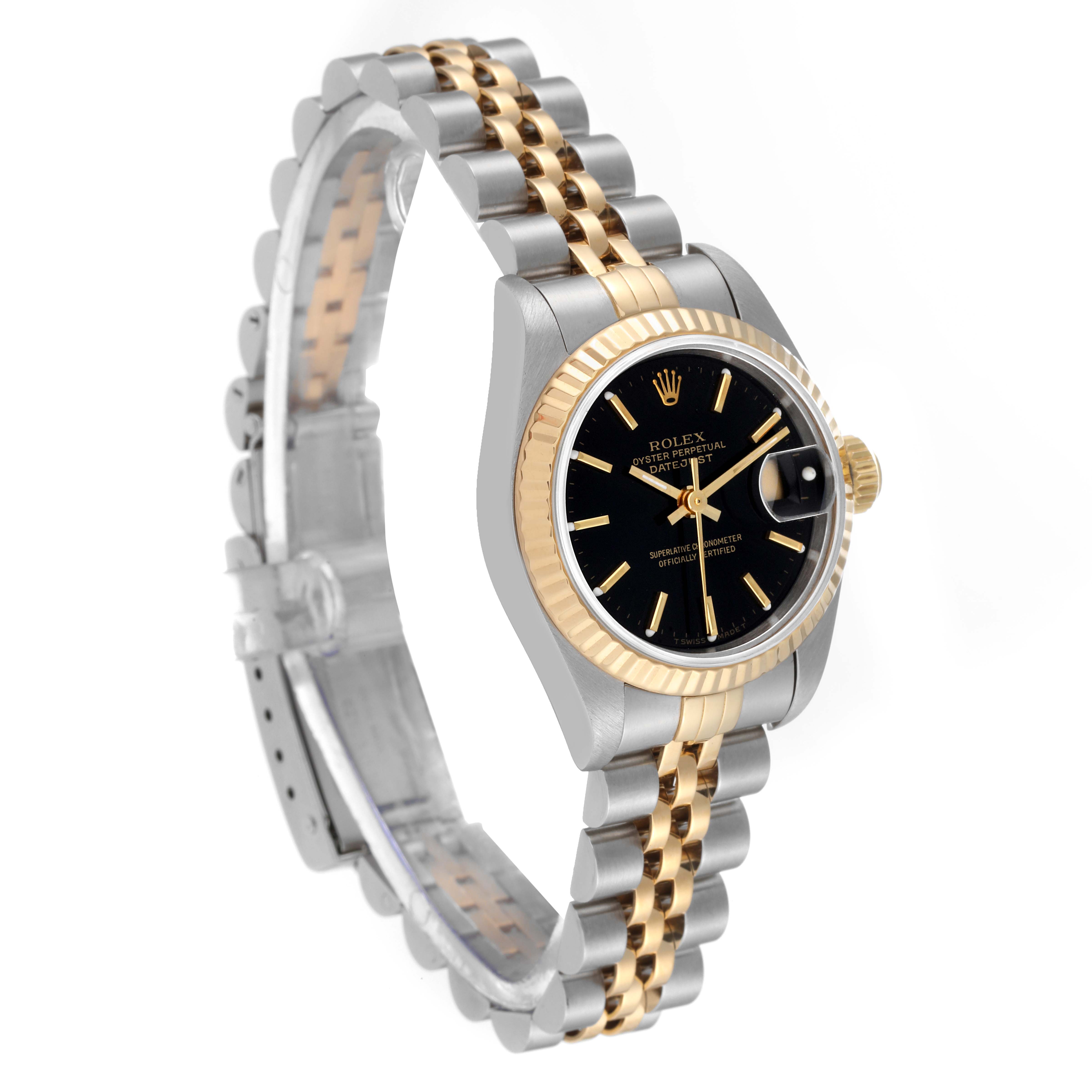 The image shows a Rolex Datejust 69173 Women's Steel and Gold (two tone) Black Dial 69173 Women's Steel and Gold (two tone) Black Dial watch at an angle, highlighting the two-tone bracelet, black dial, and fluted bezel.