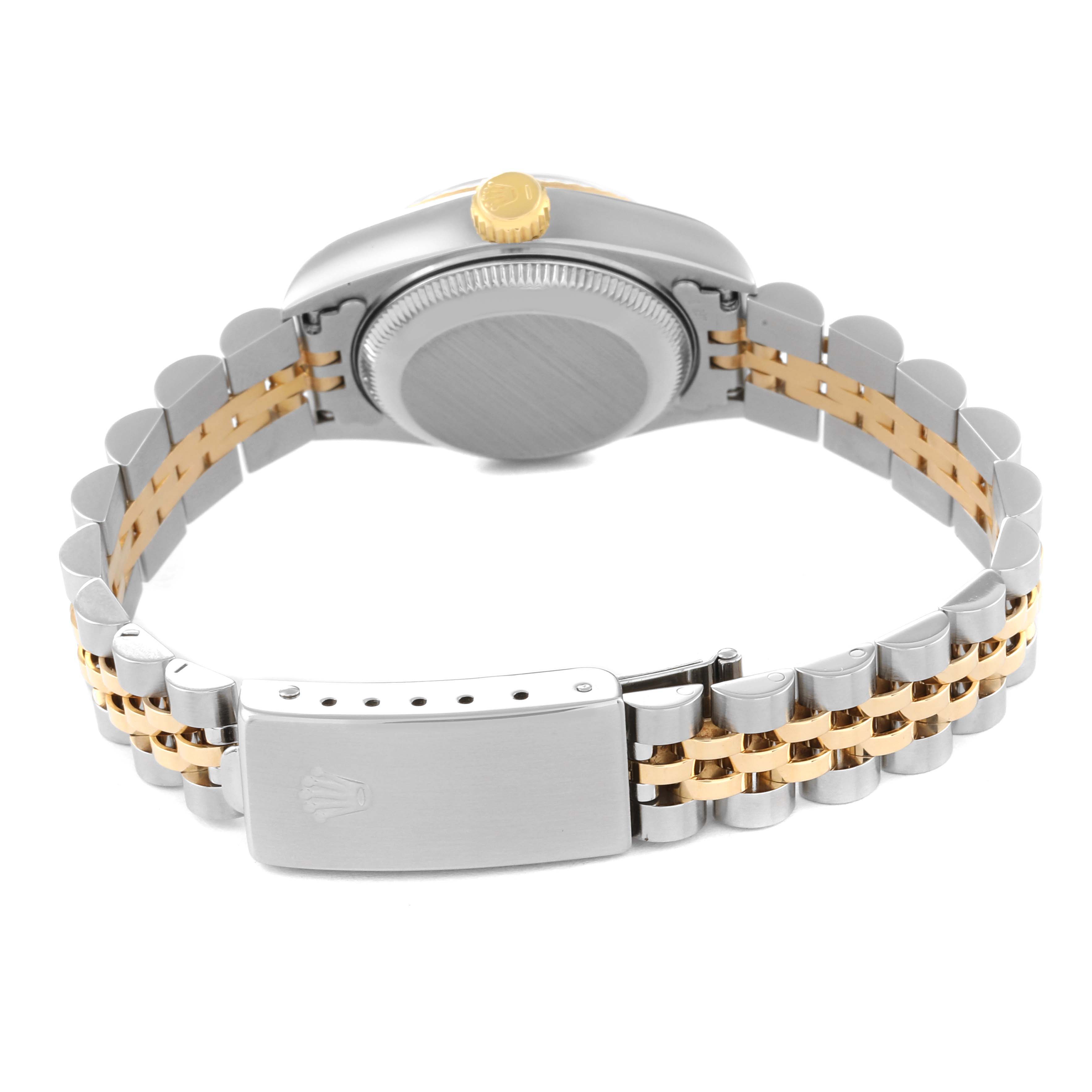 The image shows the back view of a Rolex Datejust 69173 Women's Steel and Gold (two tone) Black Dial 69173 Women's Steel and Gold (two tone) Black Dial watch, displaying its case back and two-tone bracelet with clasp.