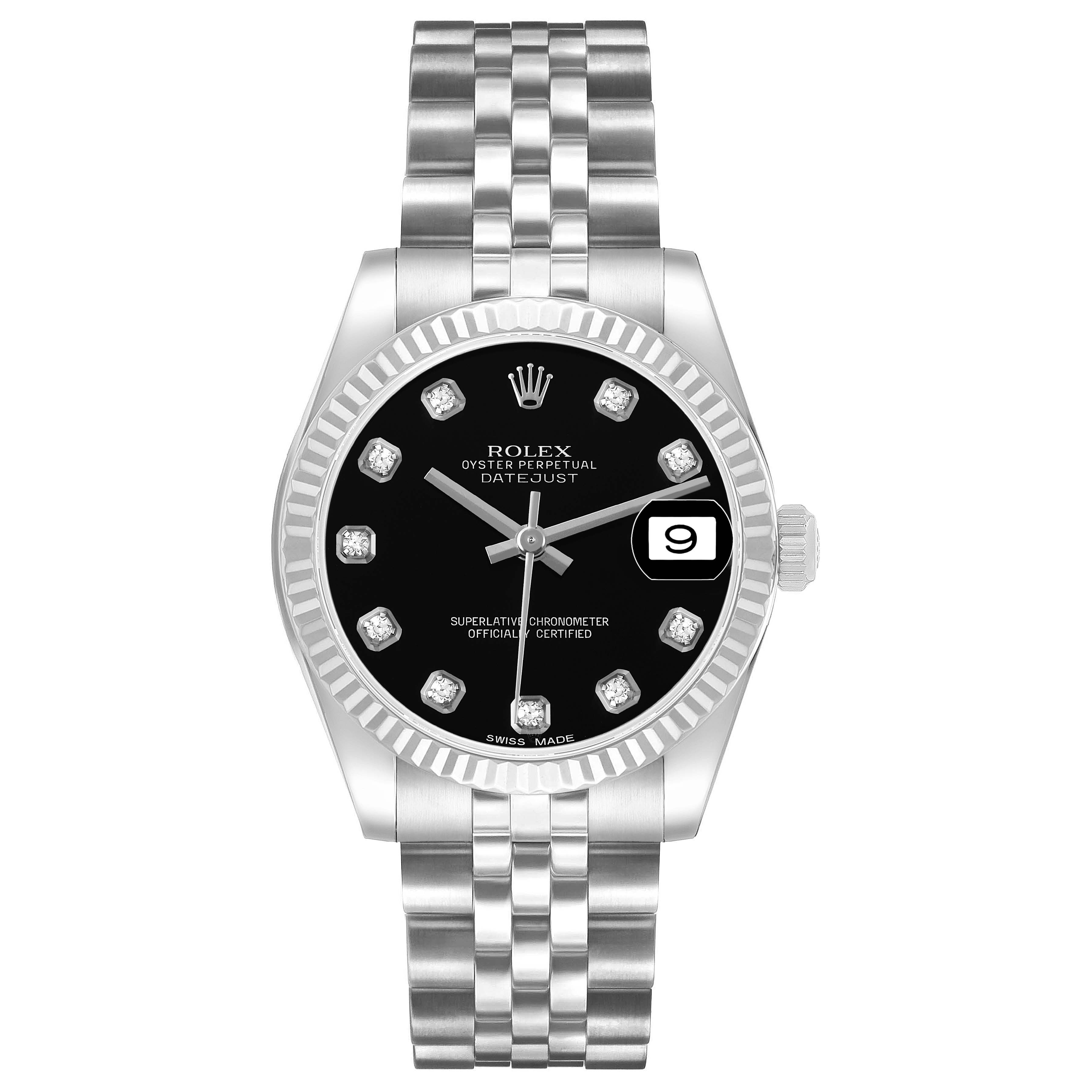 The Rolex Datejust Mid-Size watch is shown from a top-down angle, featuring the dial, bezel, and bracelet.