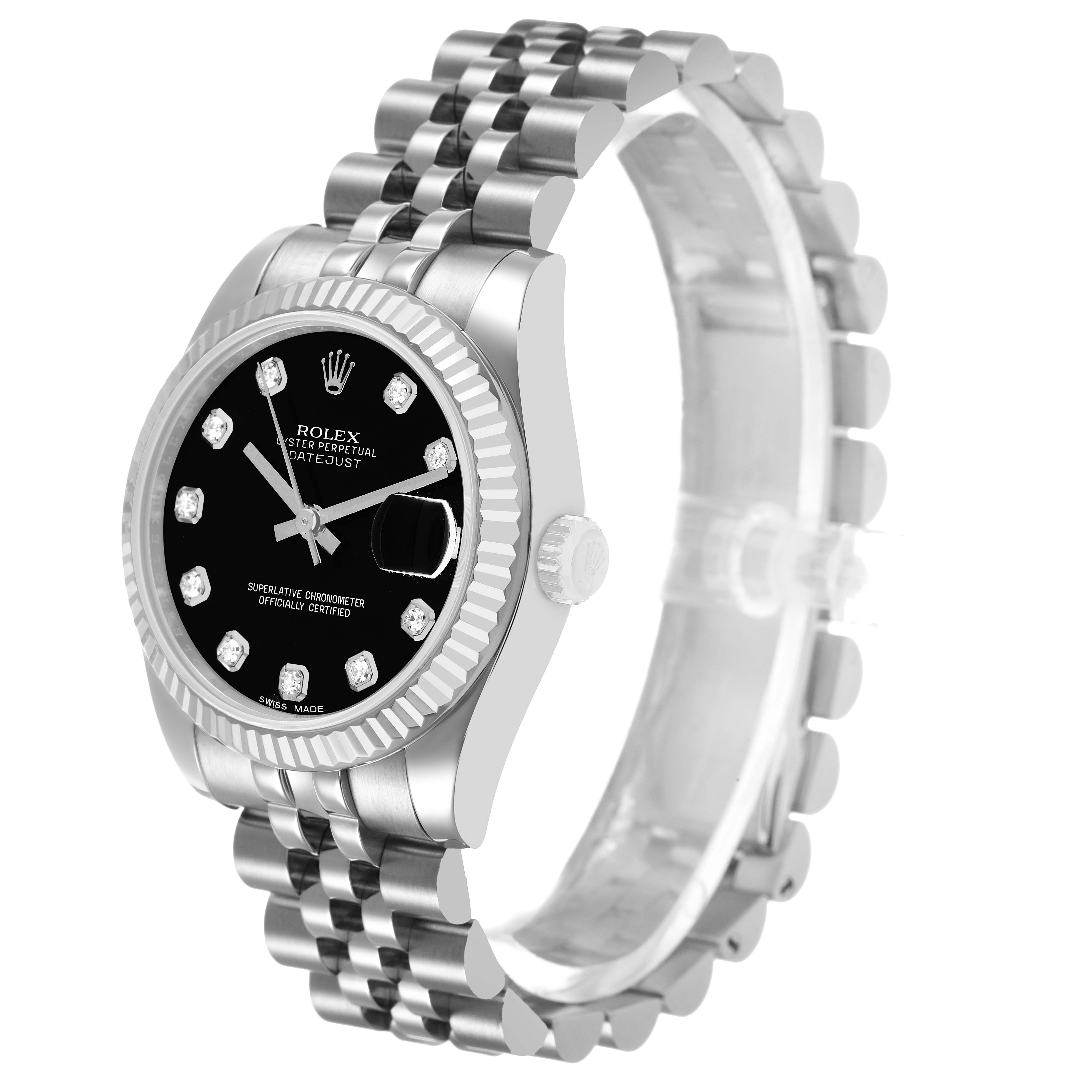 The Rolex Mid-Size 178274 Women's Stainless Steel Black Dial model is shown at a three-quarter angle, highlighting the dial, bezel, and bracelet.