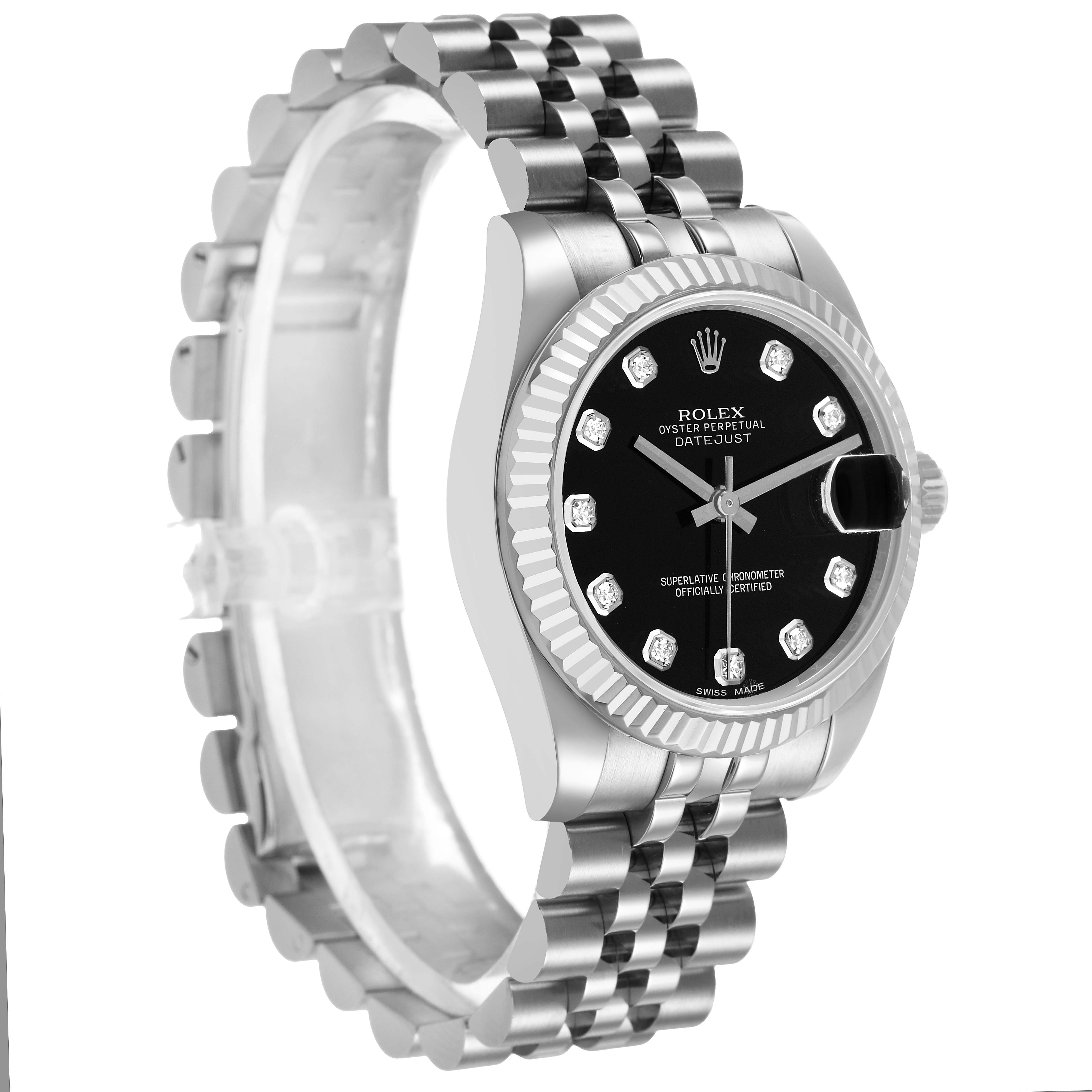 The Rolex Mid-Size 178274 Women's Stainless Steel Black Dial model is shown at a three-quarter angle, displaying the watch face and bracelet clearly.
