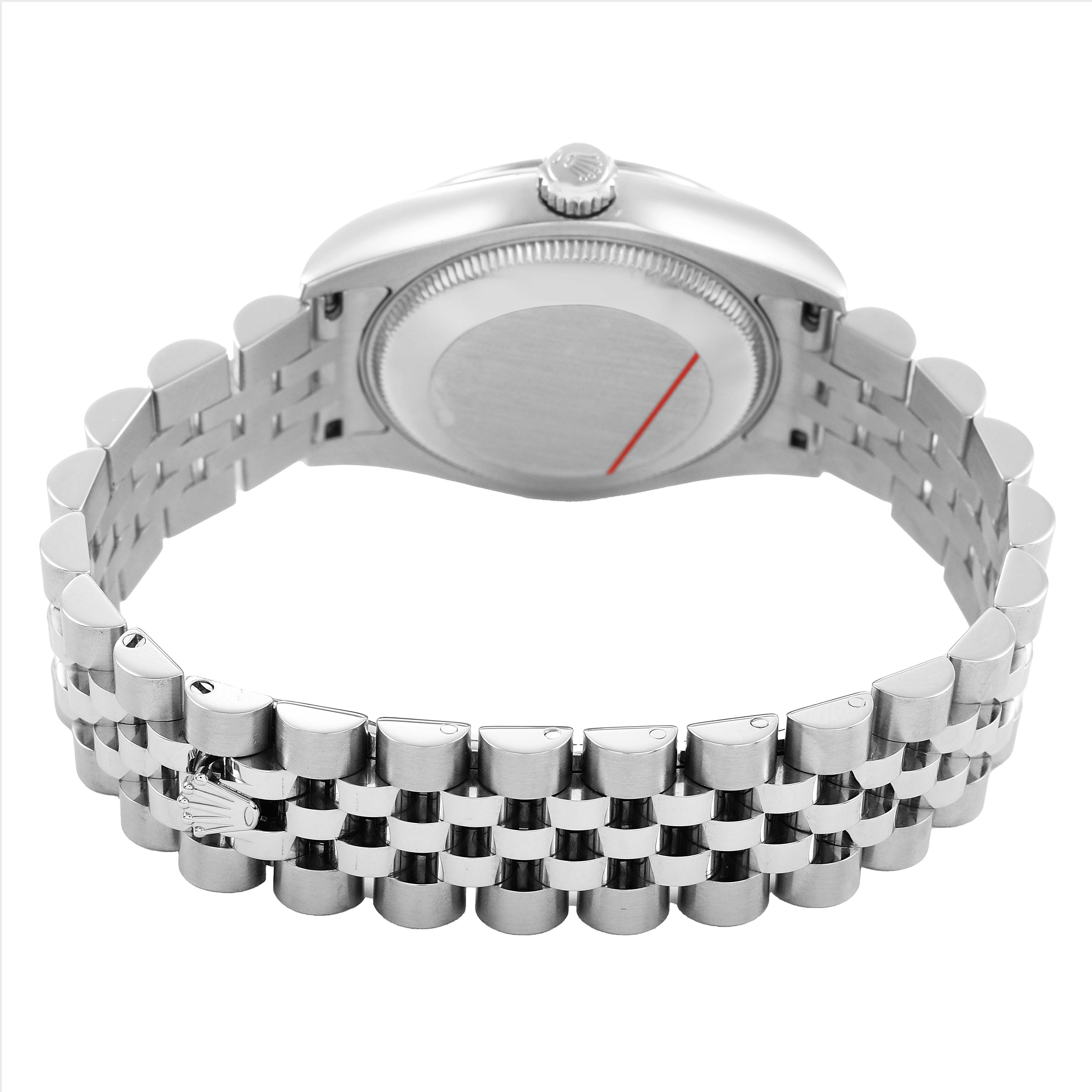 The Rolex Mid-Size 178274 Women's Stainless Steel Black Dial watch is shown from the back, displaying the bracelet, clasp, and case back.