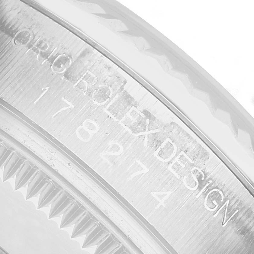 The image shows a close-up of the engraved side of a Rolex Mid-Size 178274 Women's Stainless Steel Black Dial model, highlighting the reference number.
