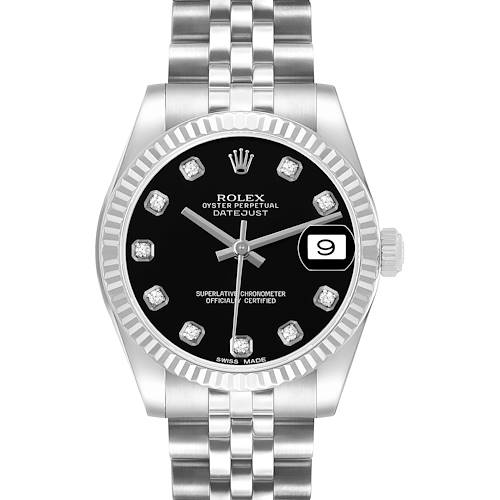 The Rolex Datejust Mid-Size watch is shown from the front, highlighting the dial, bezel, crown, and bracelet.